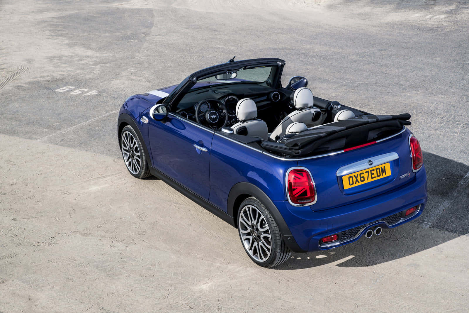 Mini Cooper Convertible, vibrant blue, sunlit concrete lot, HD Desktop Wallpaper