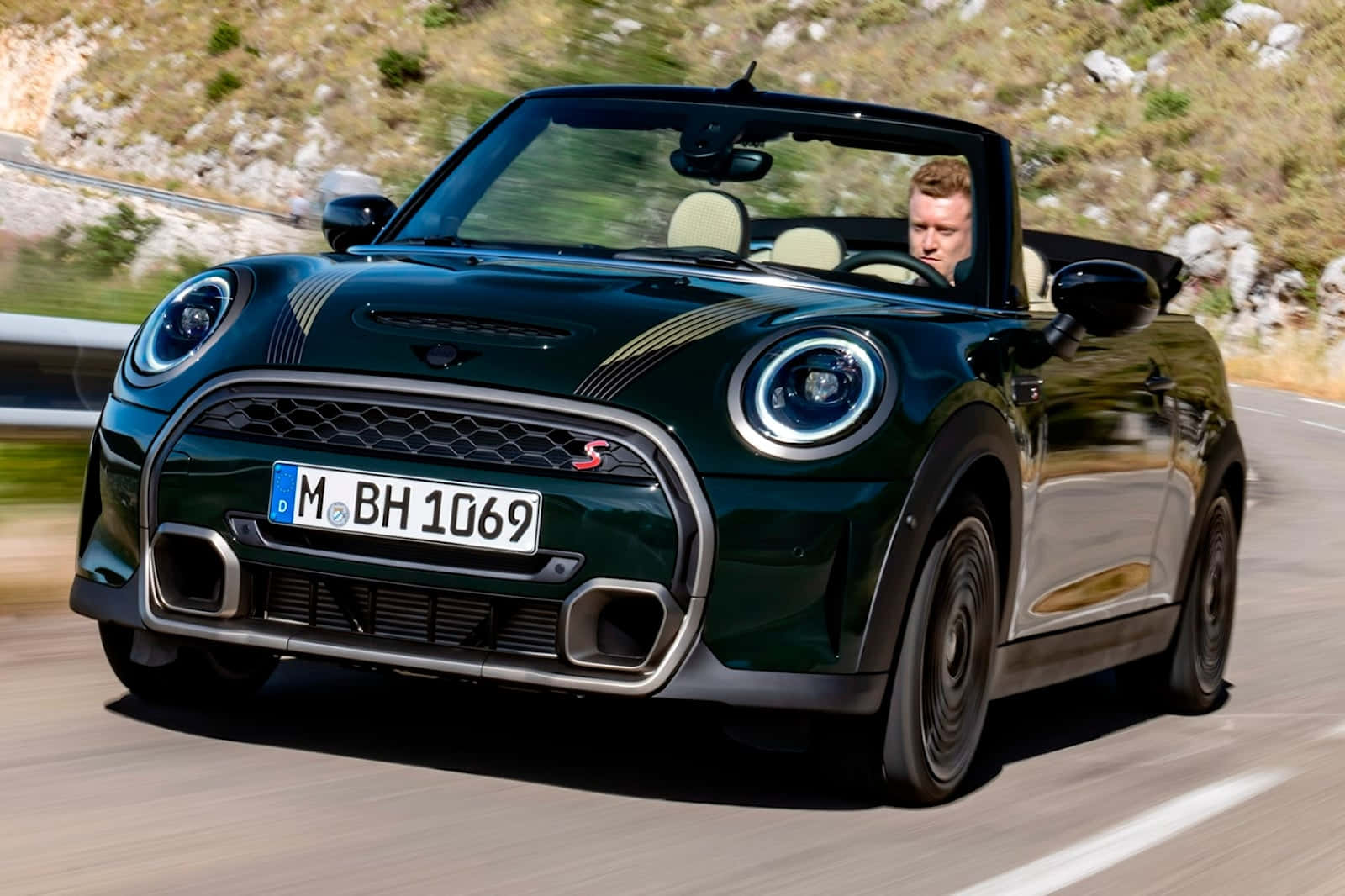 Mini Cooper S Convertible, dark green, winding mountain road, HD Desktop Wallpaper