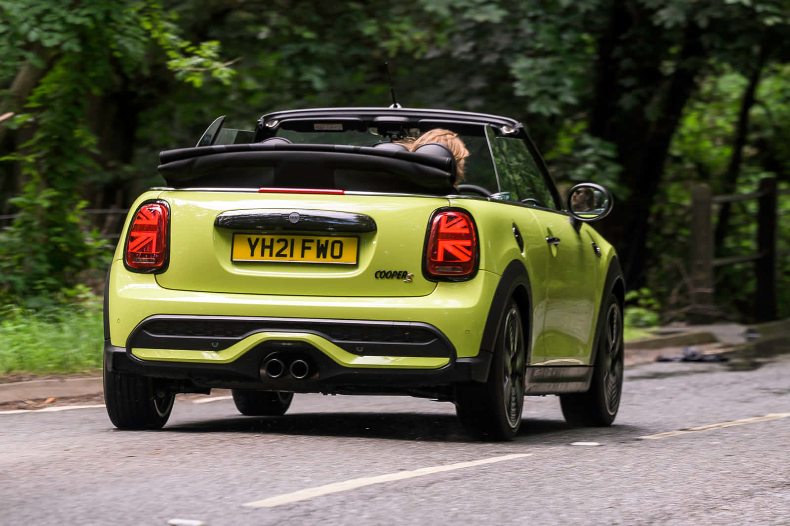 Mini Cooper S Convertible, lime green, tree-lined road, HD Desktop Wallpaper