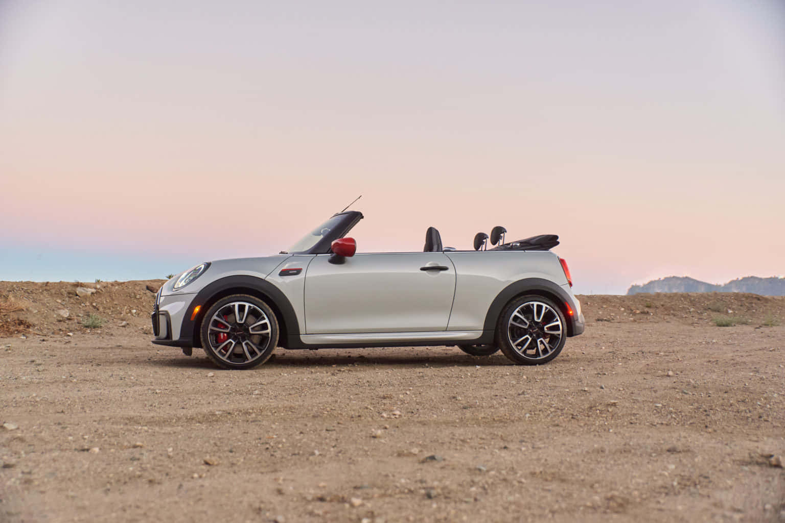 Mini Cooper Convertible, silver, dusty desert road, HD Desktop Wallpaper