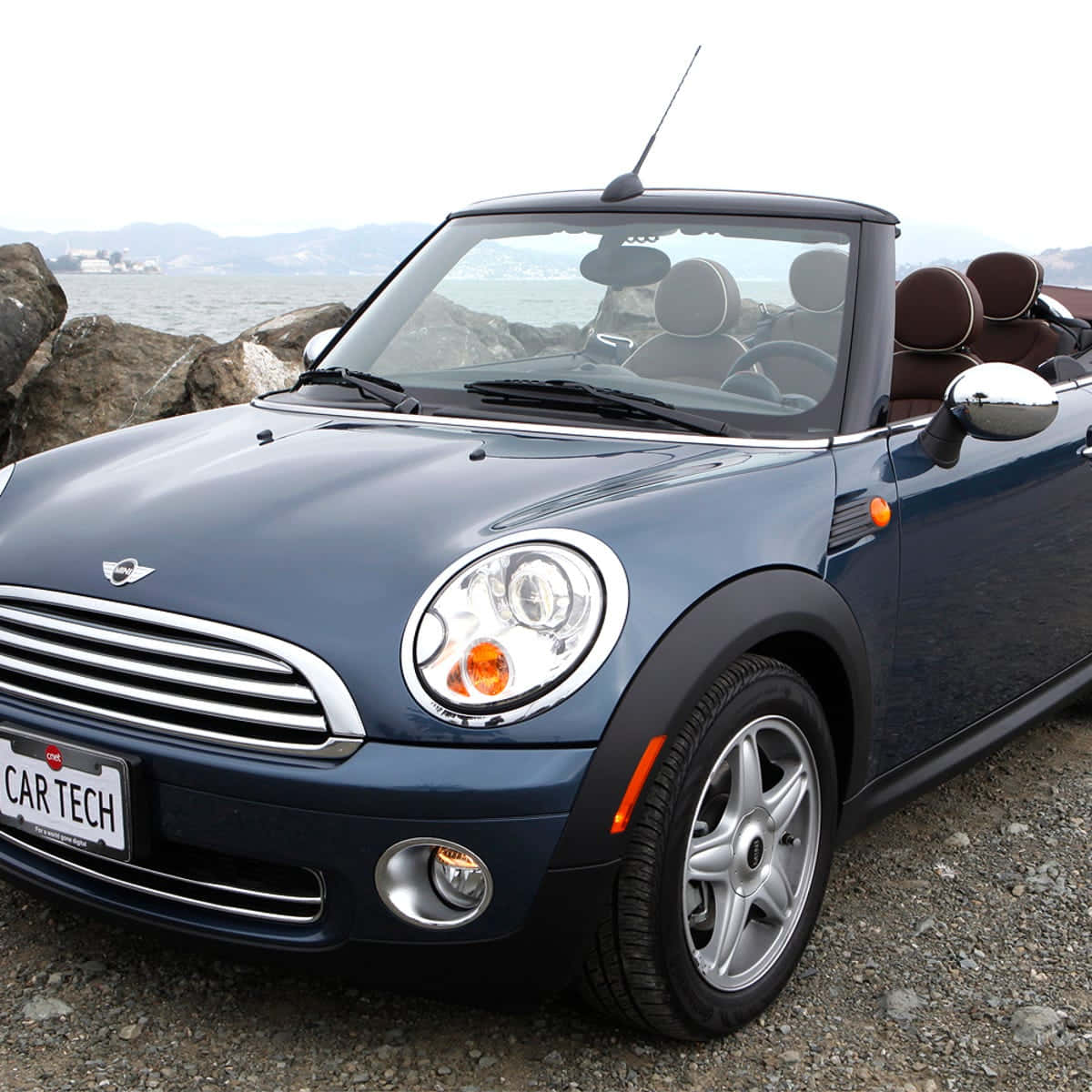 Mini Cooper Convertible, blue, rocky shore, SD Desktop Wallpaper