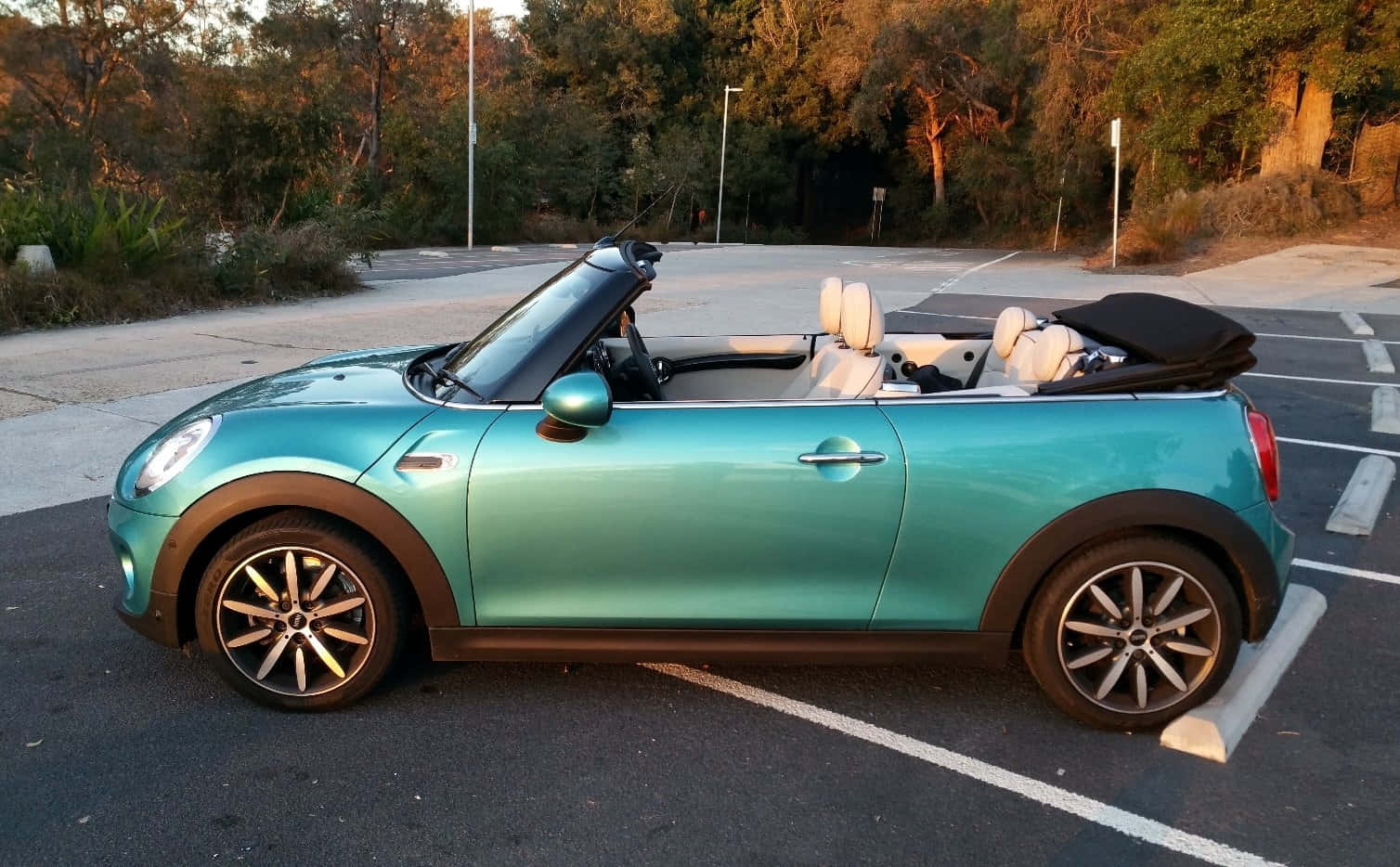 MINI Cooper convertible, turquoise, sunlit parking lot, HD Desktop Wallpaper