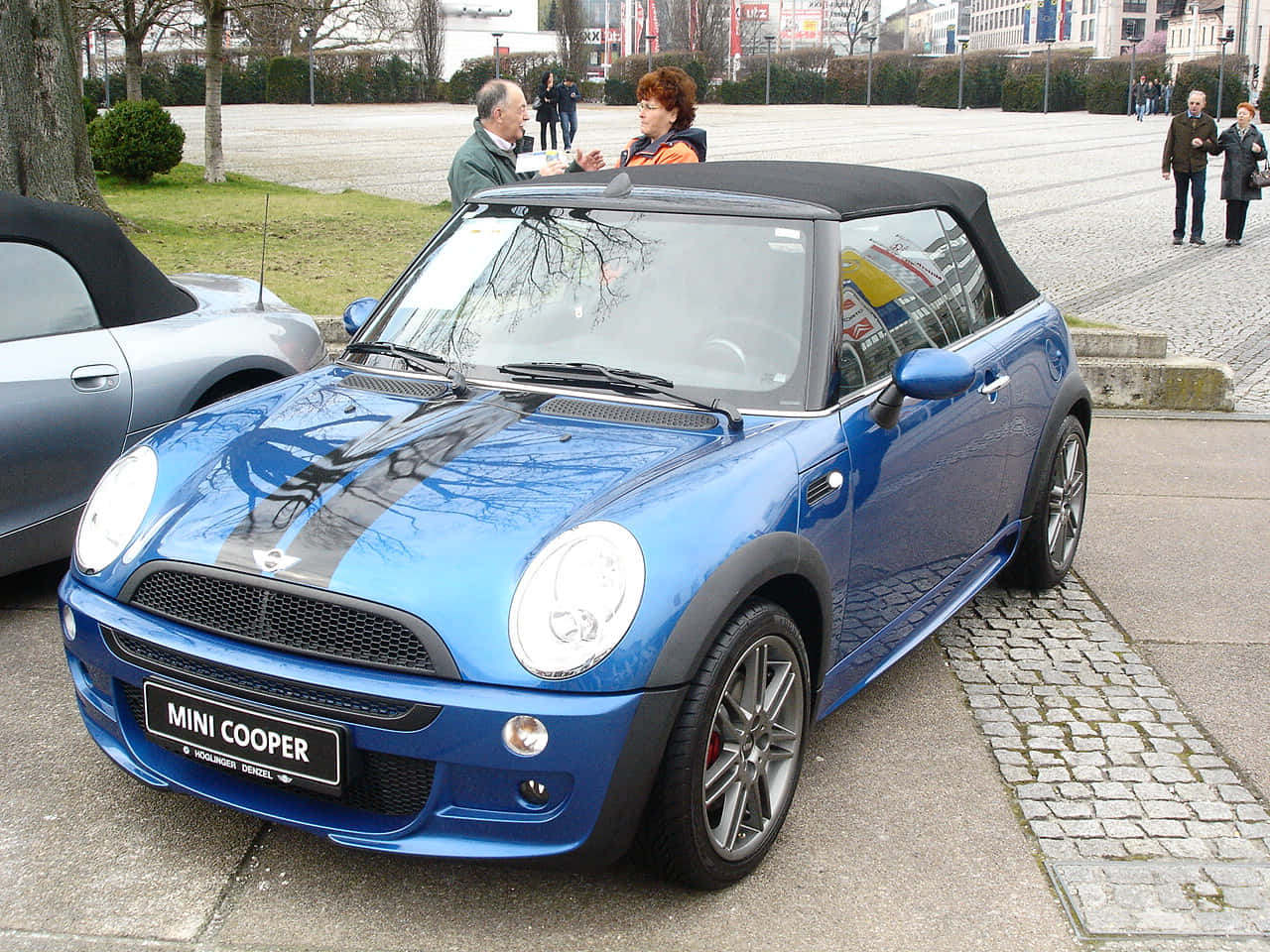 Mini Cooper Convertible, vibrant blue, cobblestone plaza, HD Desktop Wallpaper