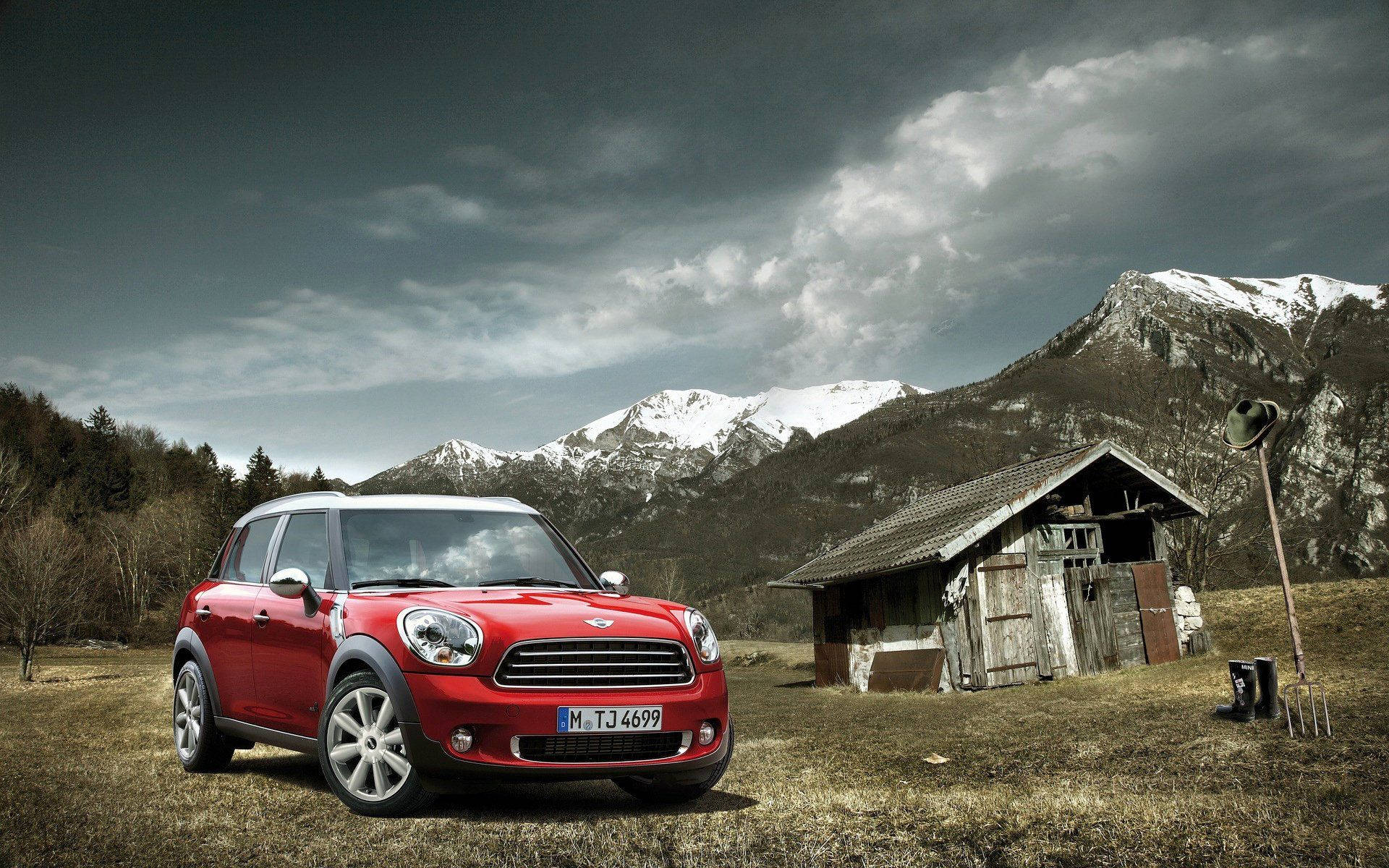 Mini Cooper Countryman, vibrant red, grassy field, Full HD Desktop Wallpaper