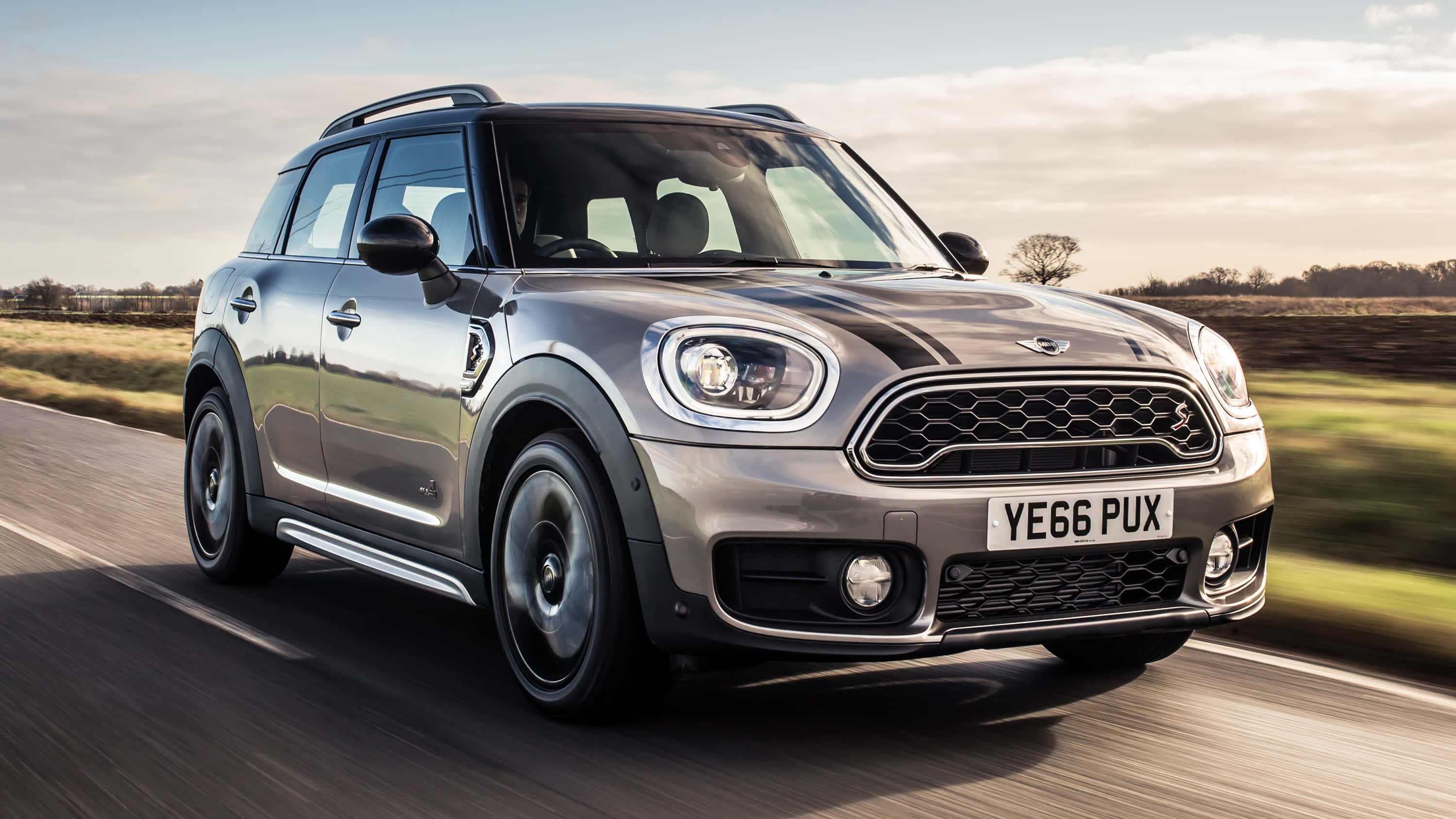 Mini Cooper Countryman, silver, rural road, 2K Desktop Wallpaper