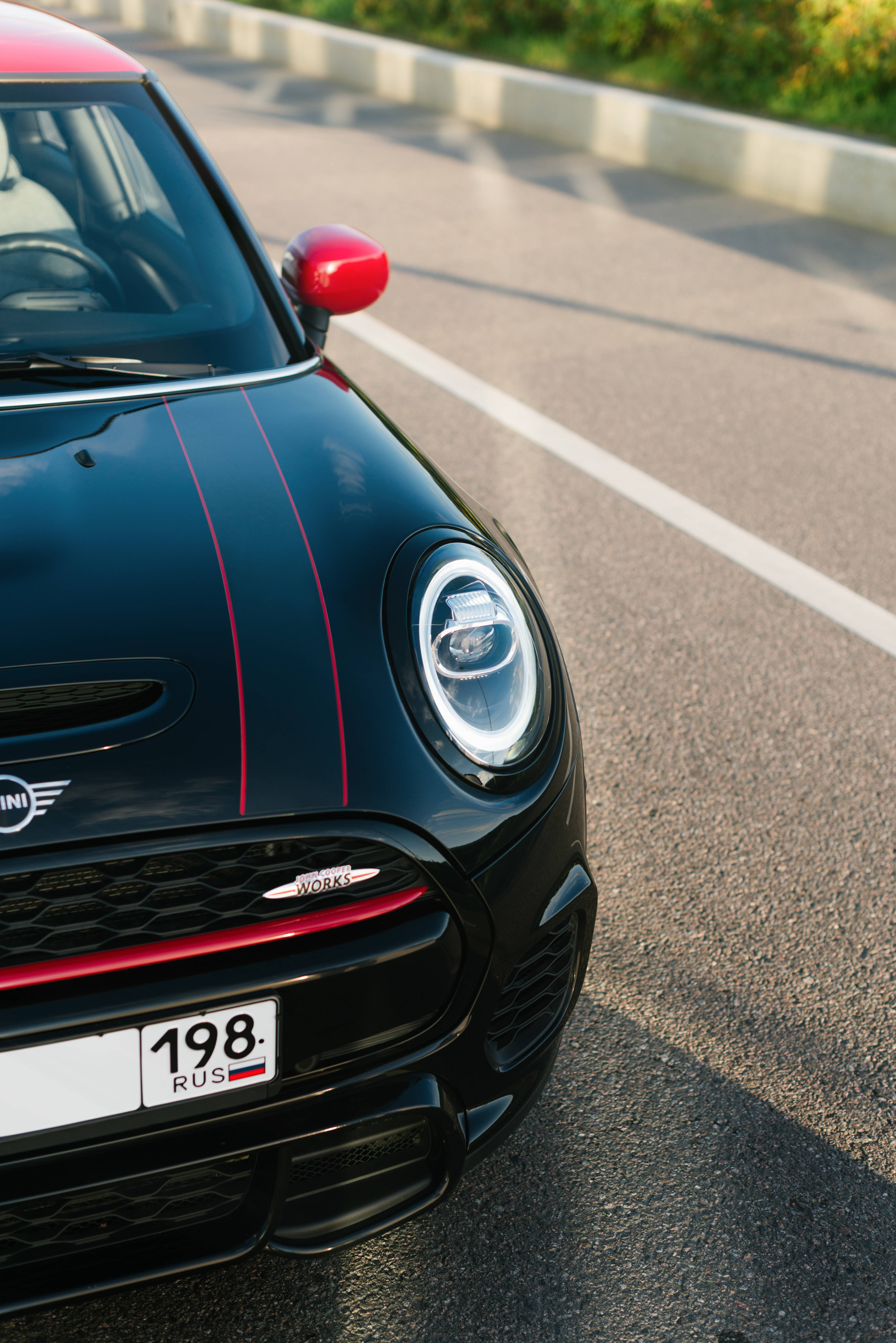 Mini Cooper, black, red accents, 5K Phone Wallpaper
