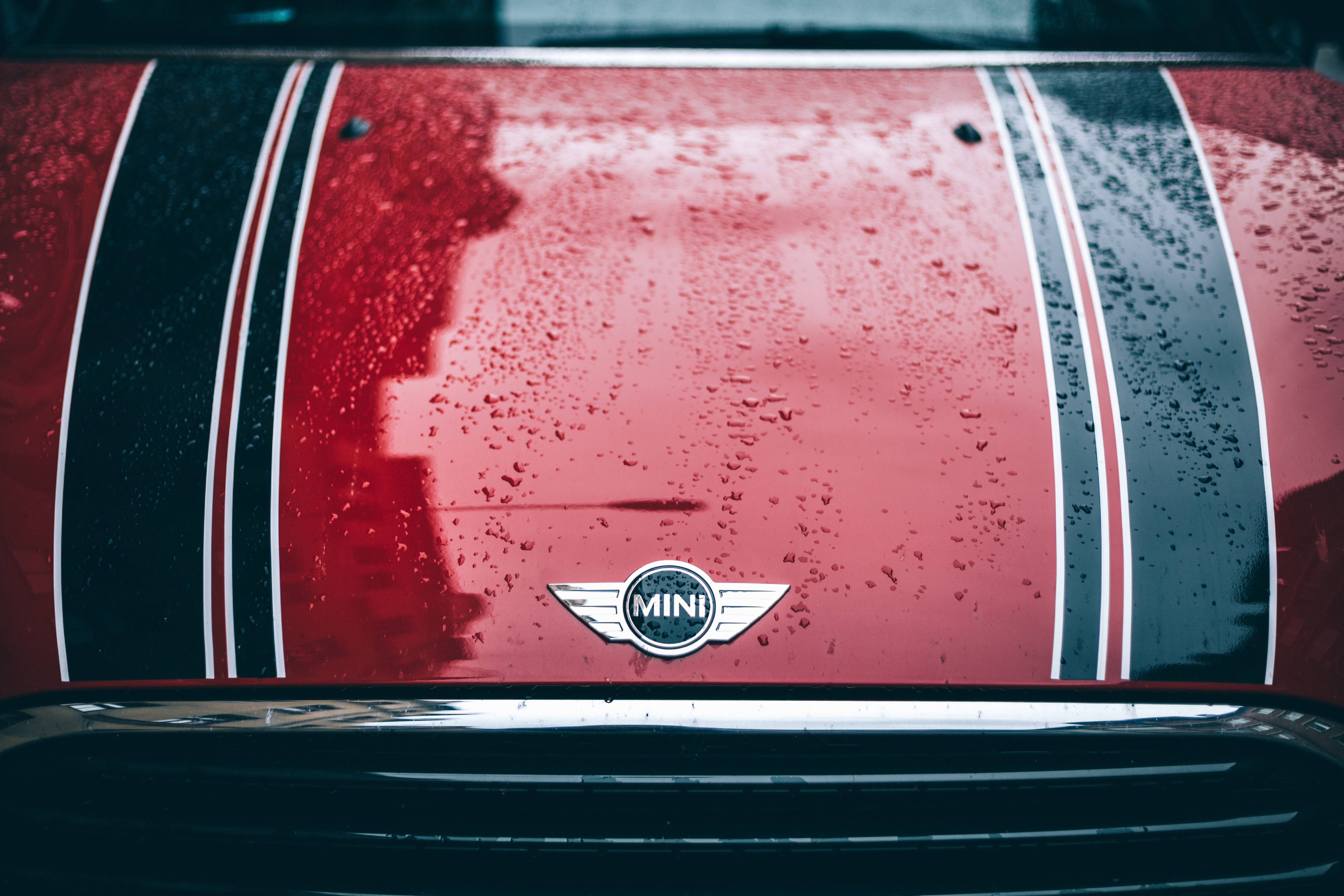 red Mini Cooper, black and white racing stripes, hood, 5K Desktop Wallpaper