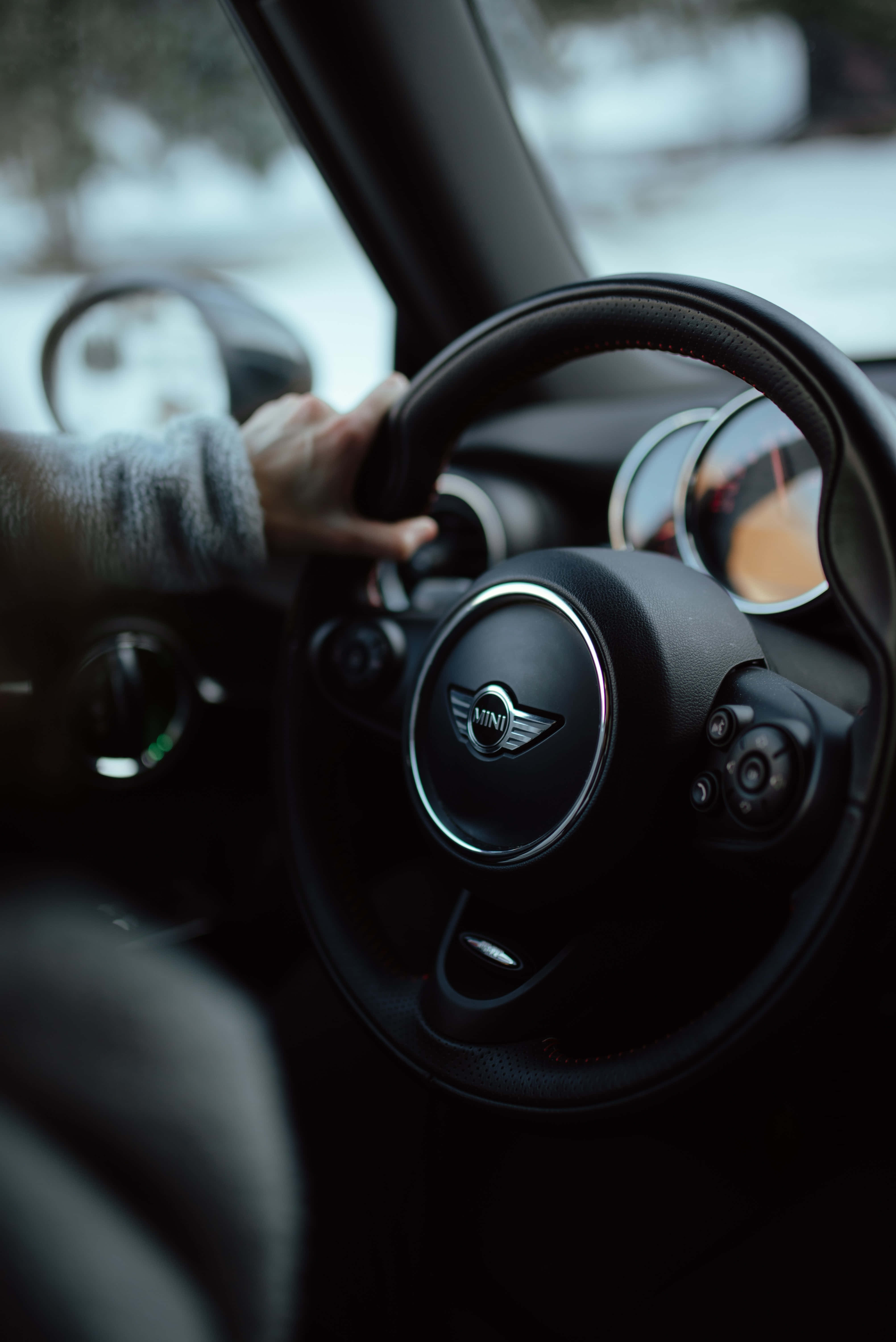 MINI Cooper, black leather steering wheel, chrome accents, 5K Phone Wallpaper