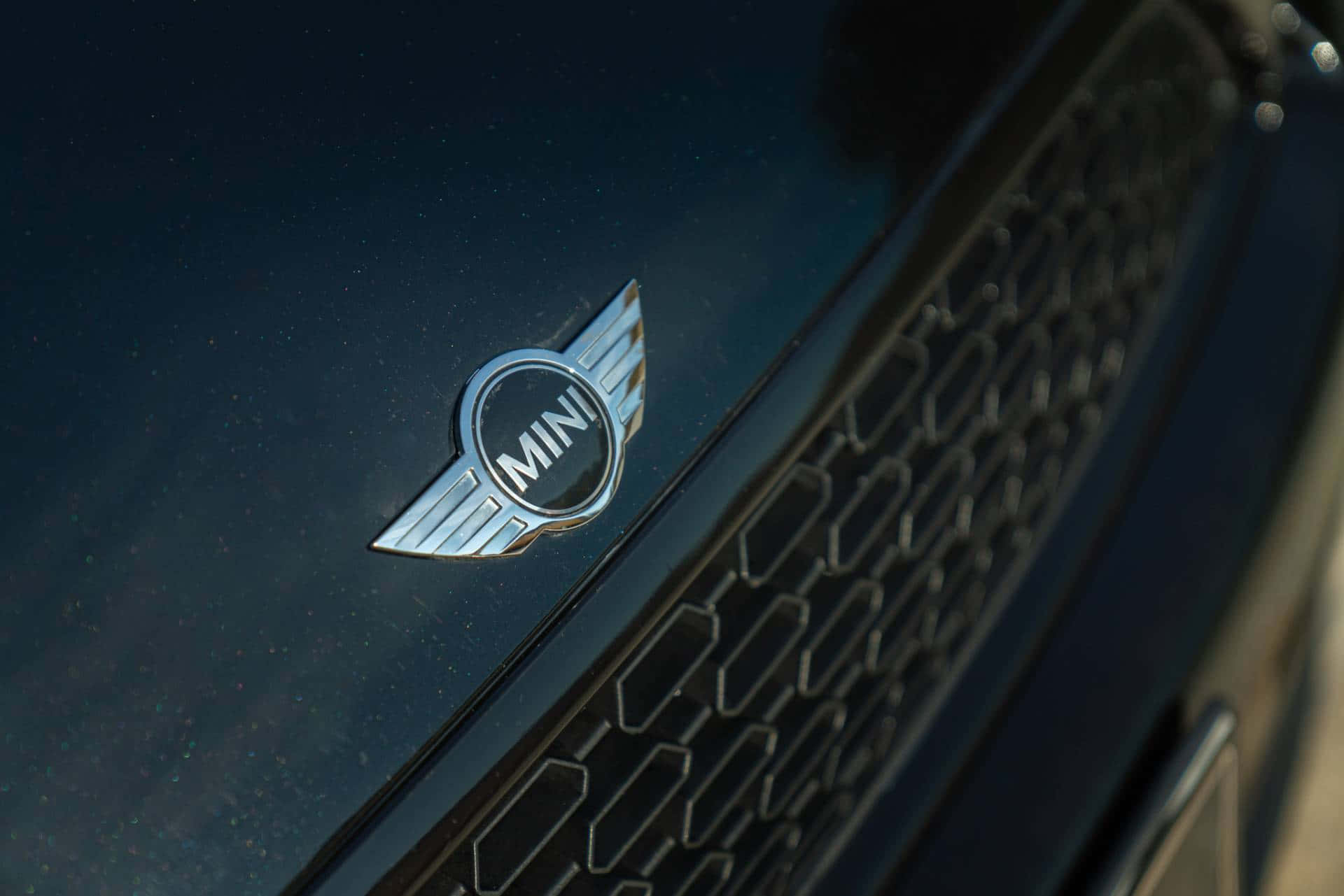 Mini Cooper Logo, chrome, sleek black car hood, Full HD Desktop Wallpaper