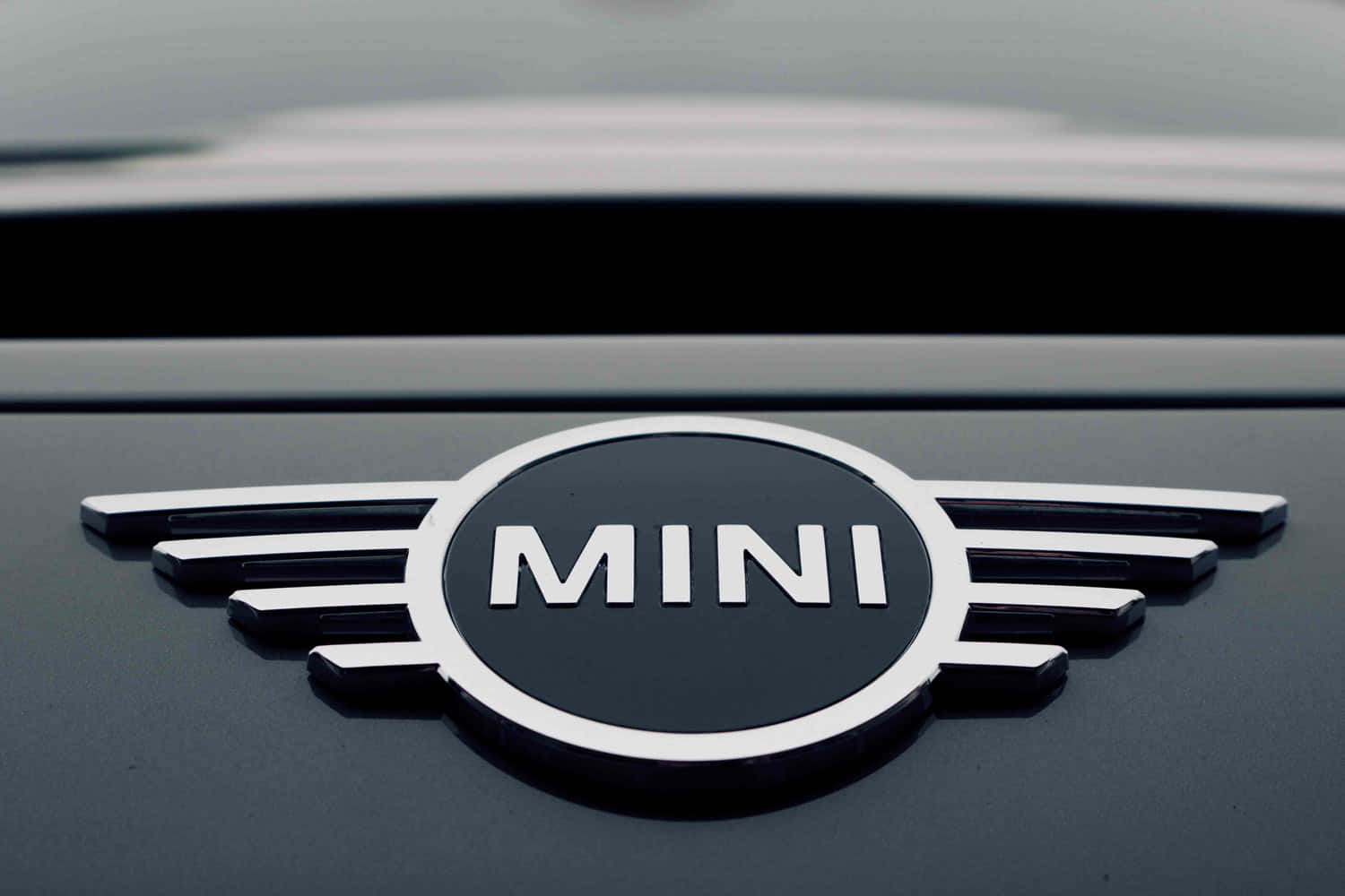 MINI logo emblem, chrome, sleek black car hood, HD Desktop Wallpaper