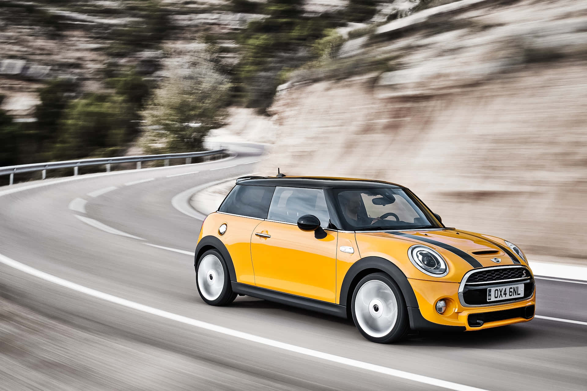 Mini Cooper S, vibrant yellow, winding mountain road, Full HD Desktop Wallpaper