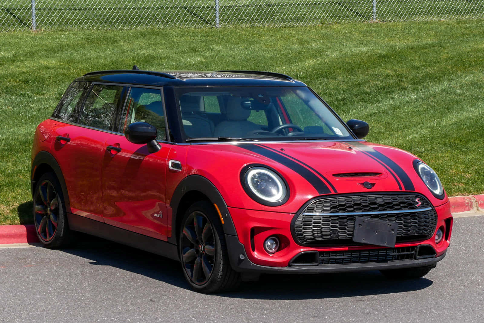 Mini Cooper S Clubman All4, vibrant red, black racing stripes, HD Desktop Wallpaper