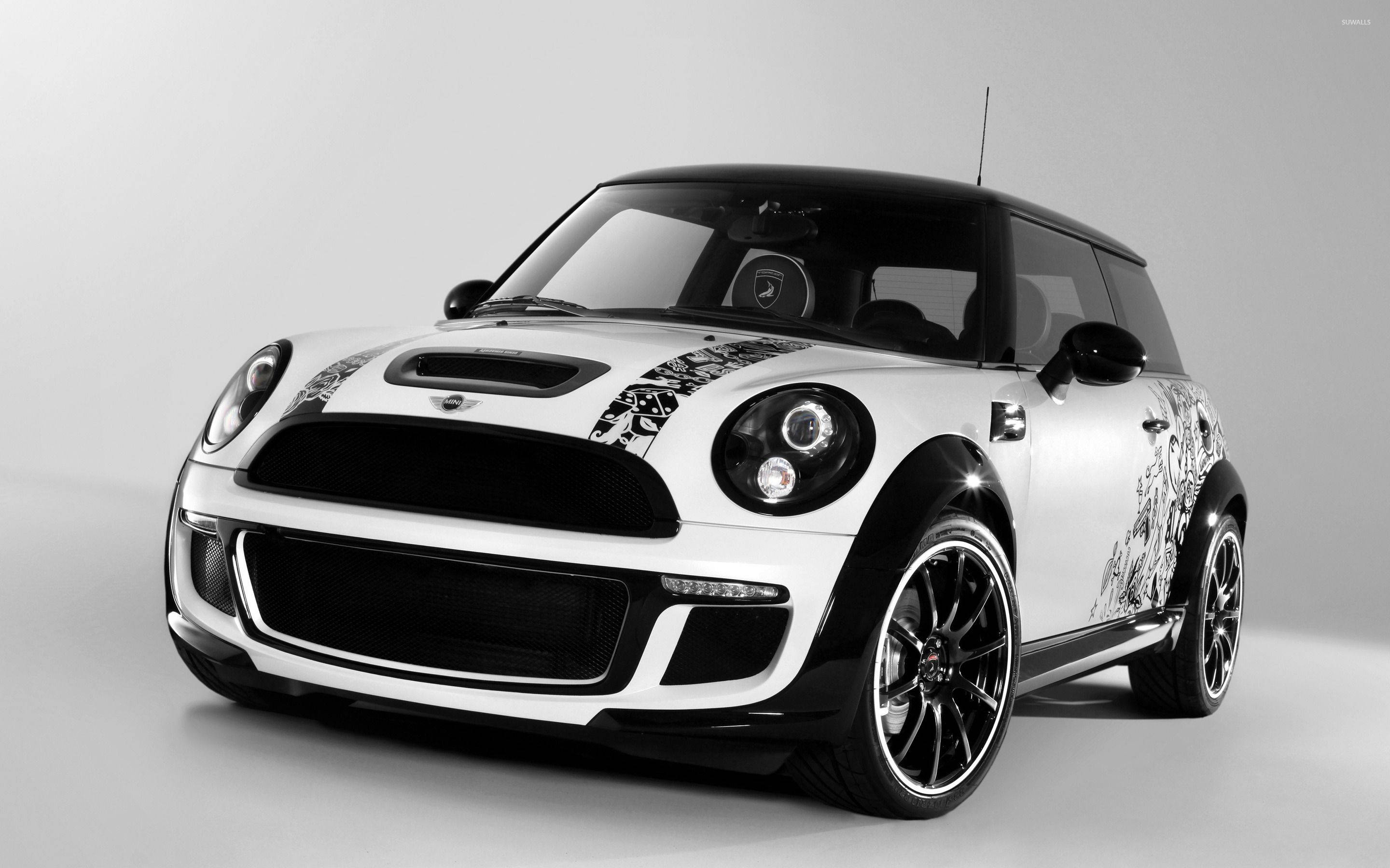 Mini Cooper, white and black, bold graphic decals, 2K Desktop Wallpaper