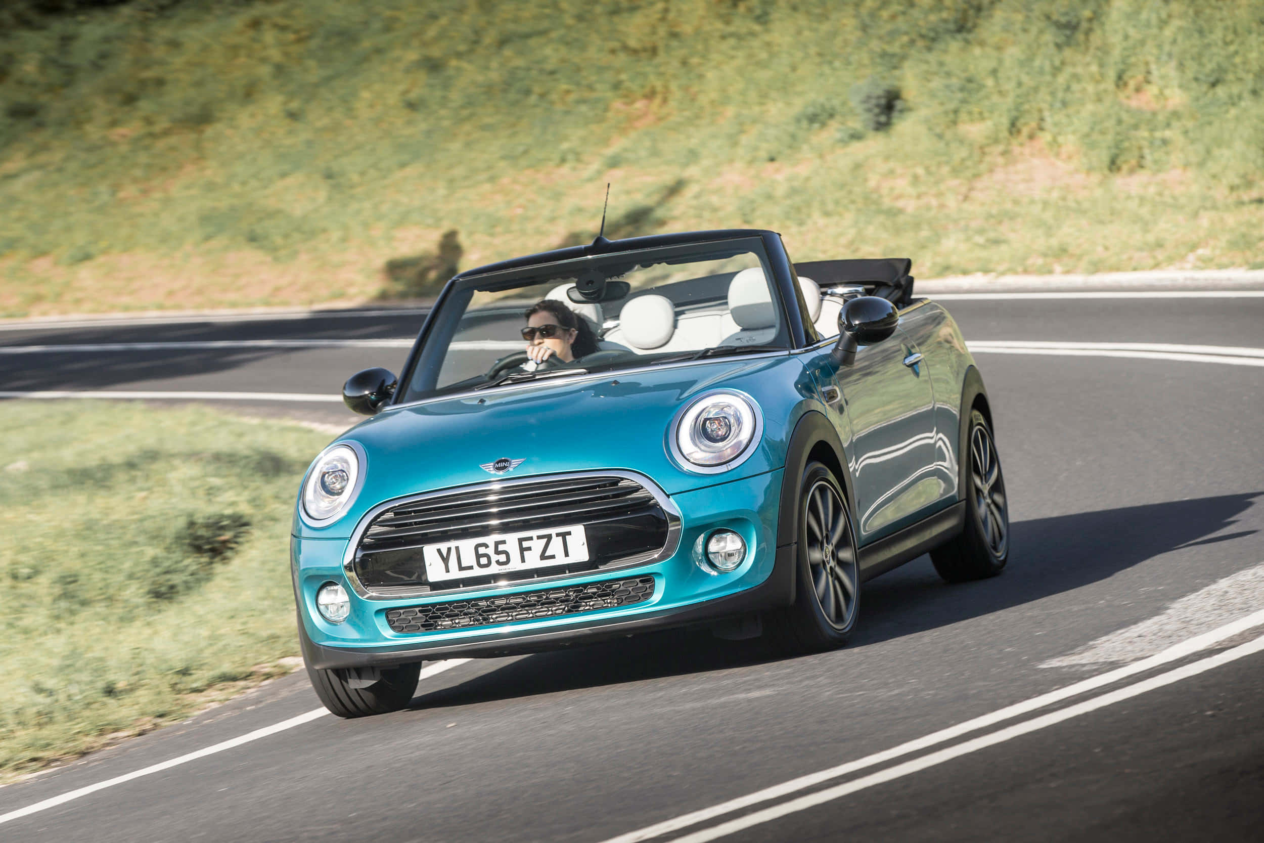 Mini Cooper S Convertible, turquoise, winding road, Full HD Desktop Wallpaper