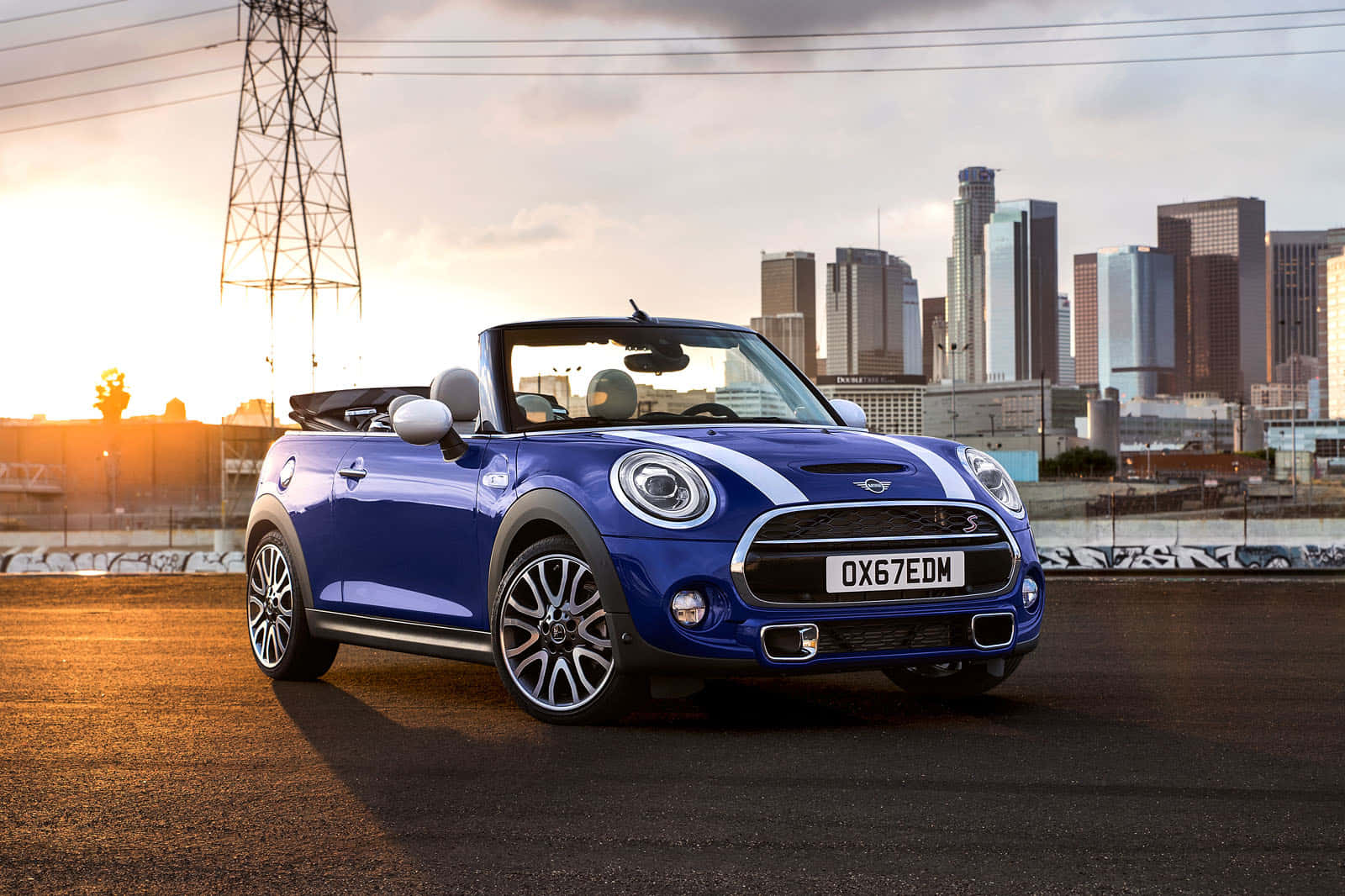 Mini Cooper S Convertible, urban rooftop, sunset, HD Desktop Wallpaper