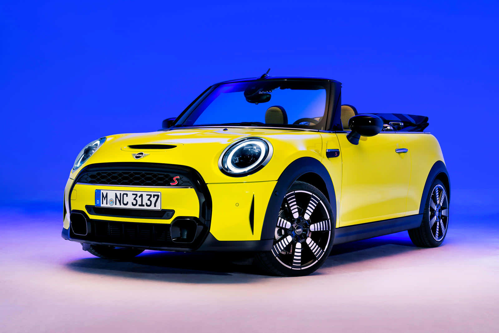 Mini Cooper S Convertible, vibrant yellow, gradient blue studio backdrop, HD Desktop Wallpaper