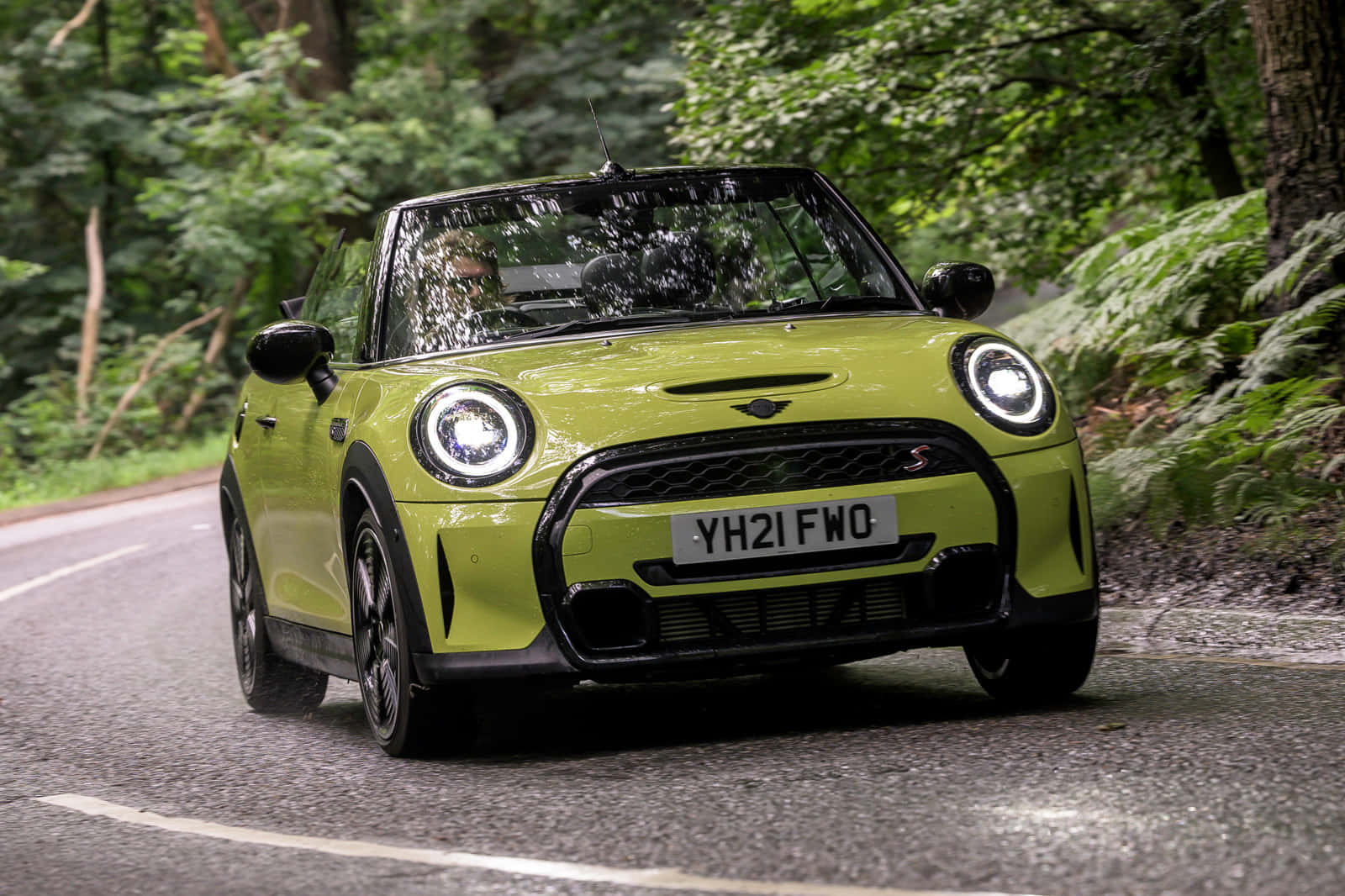 Mini Cooper S Convertible, lime green, winding forest road, HD Desktop Wallpaper