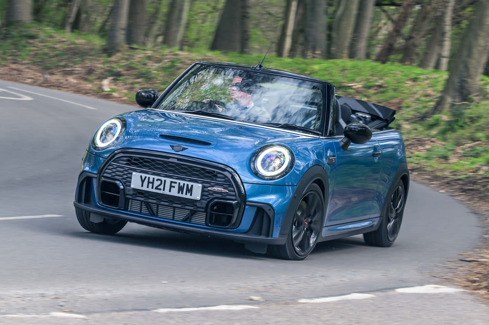 Mini Cooper S Convertible, vibrant blue, winding forest road, HD Desktop Wallpaper