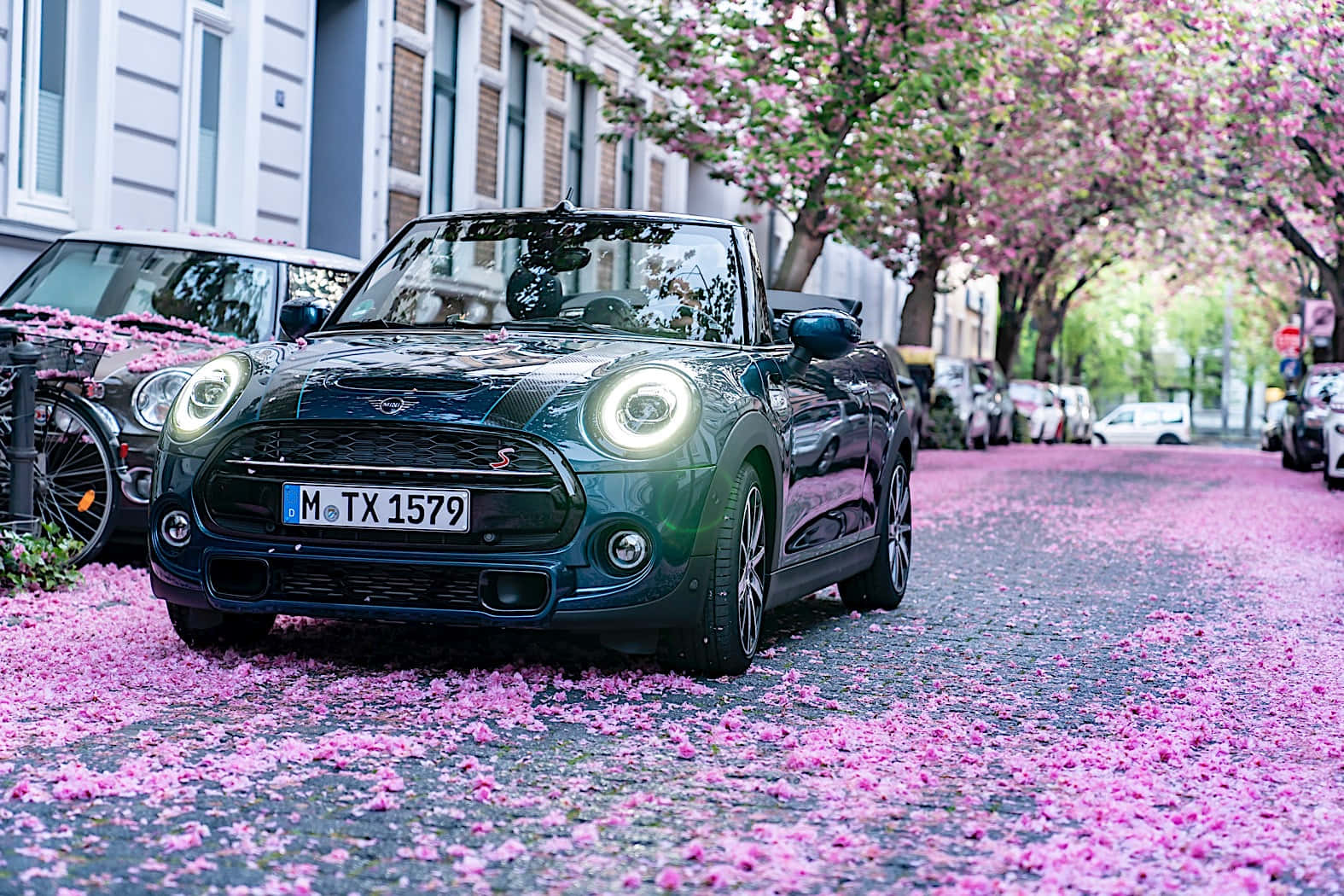 Mini Cooper S Convertible, dark green, cobblestone street, HD Desktop Wallpaper