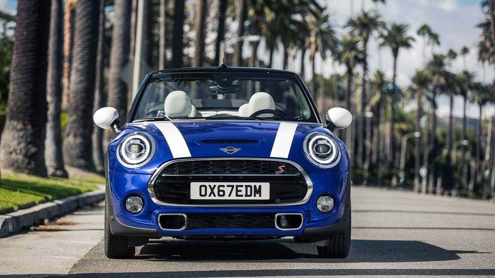 Mini Cooper S Convertible, vibrant blue, white racing stripes, HD Desktop Wallpaper