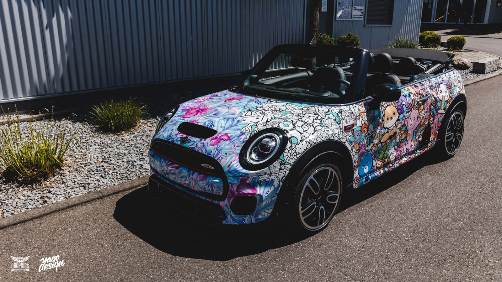 Mini Cooper S Convertible, graffiti-covered, asphalt, HD Desktop Wallpaper