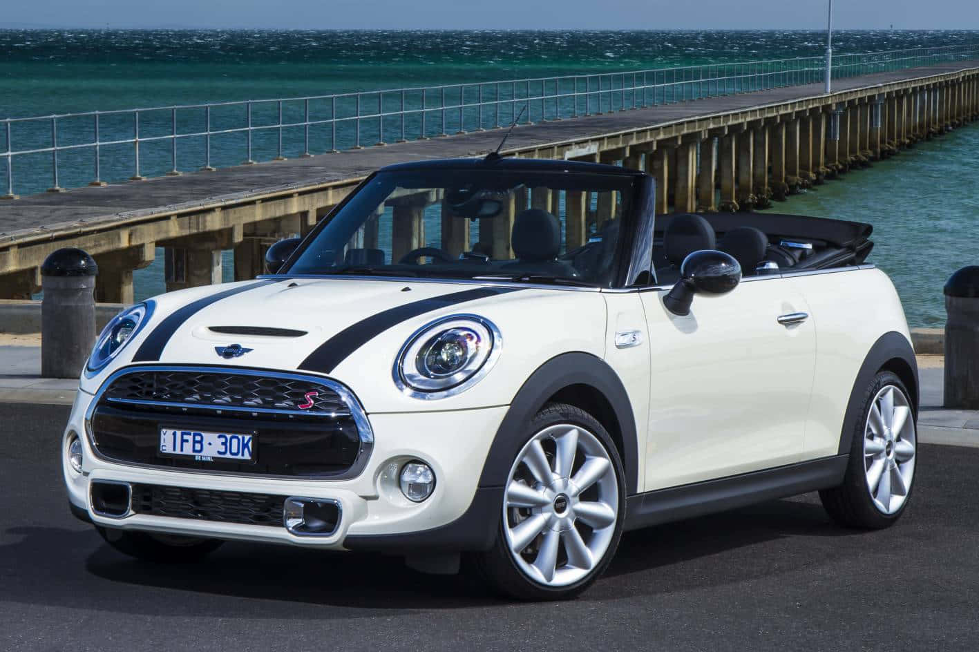 Mini Cooper S Convertible, white, pier, HD Desktop Wallpaper