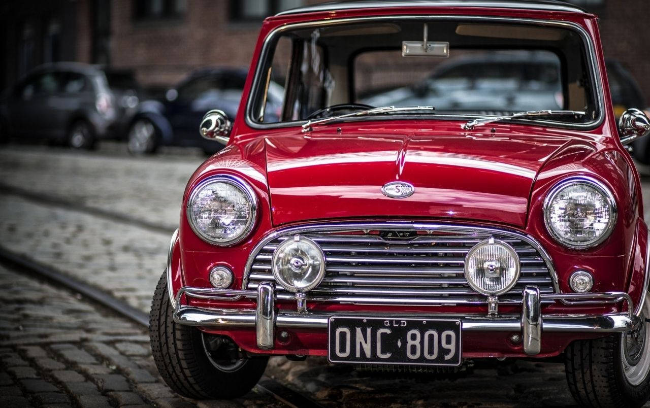 Mini Cooper S, glossy red, cobblestone street, HD Desktop Wallpaper