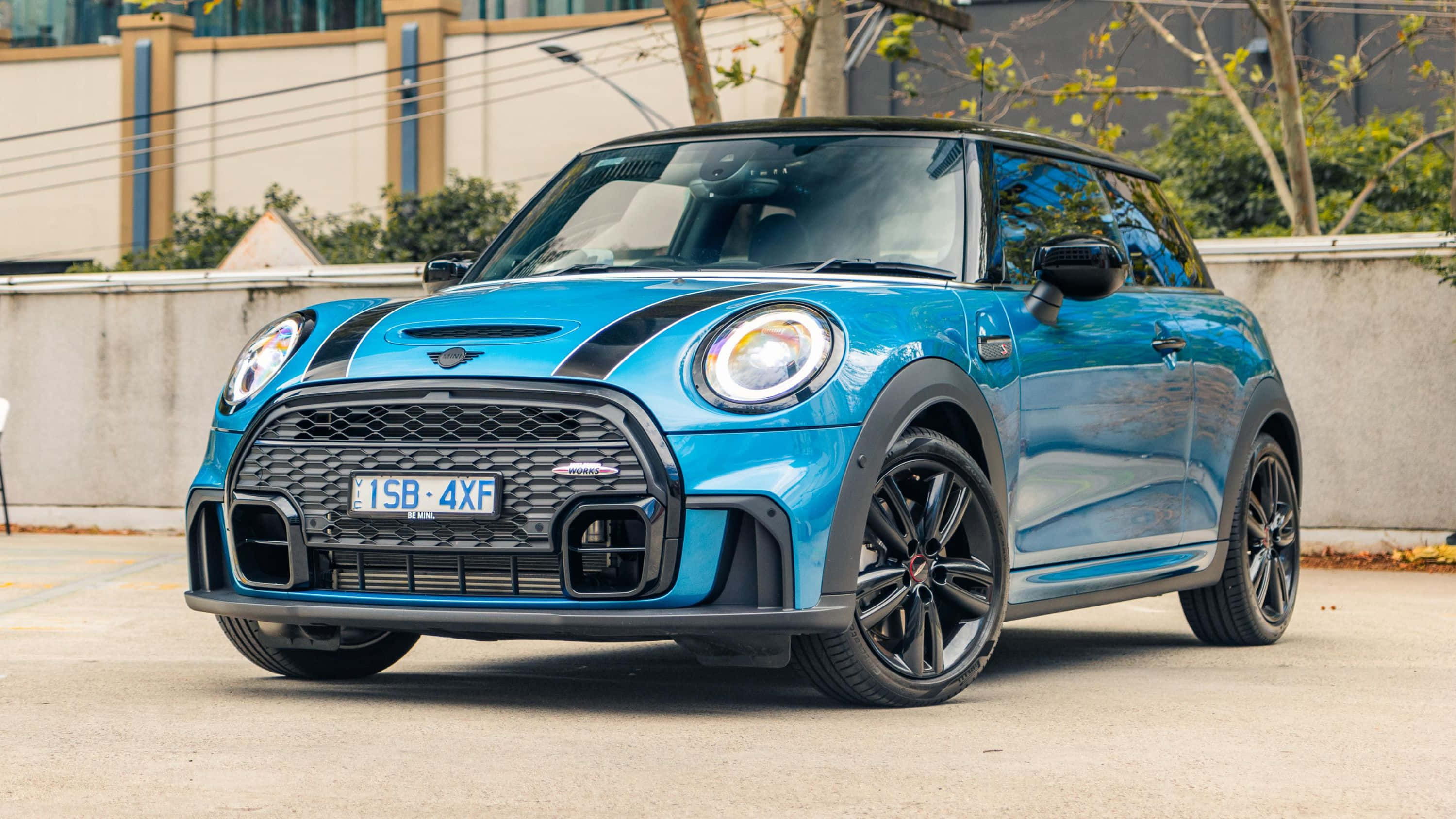 Mini Cooper S, vibrant blue, black accents, 2K Desktop Wallpaper