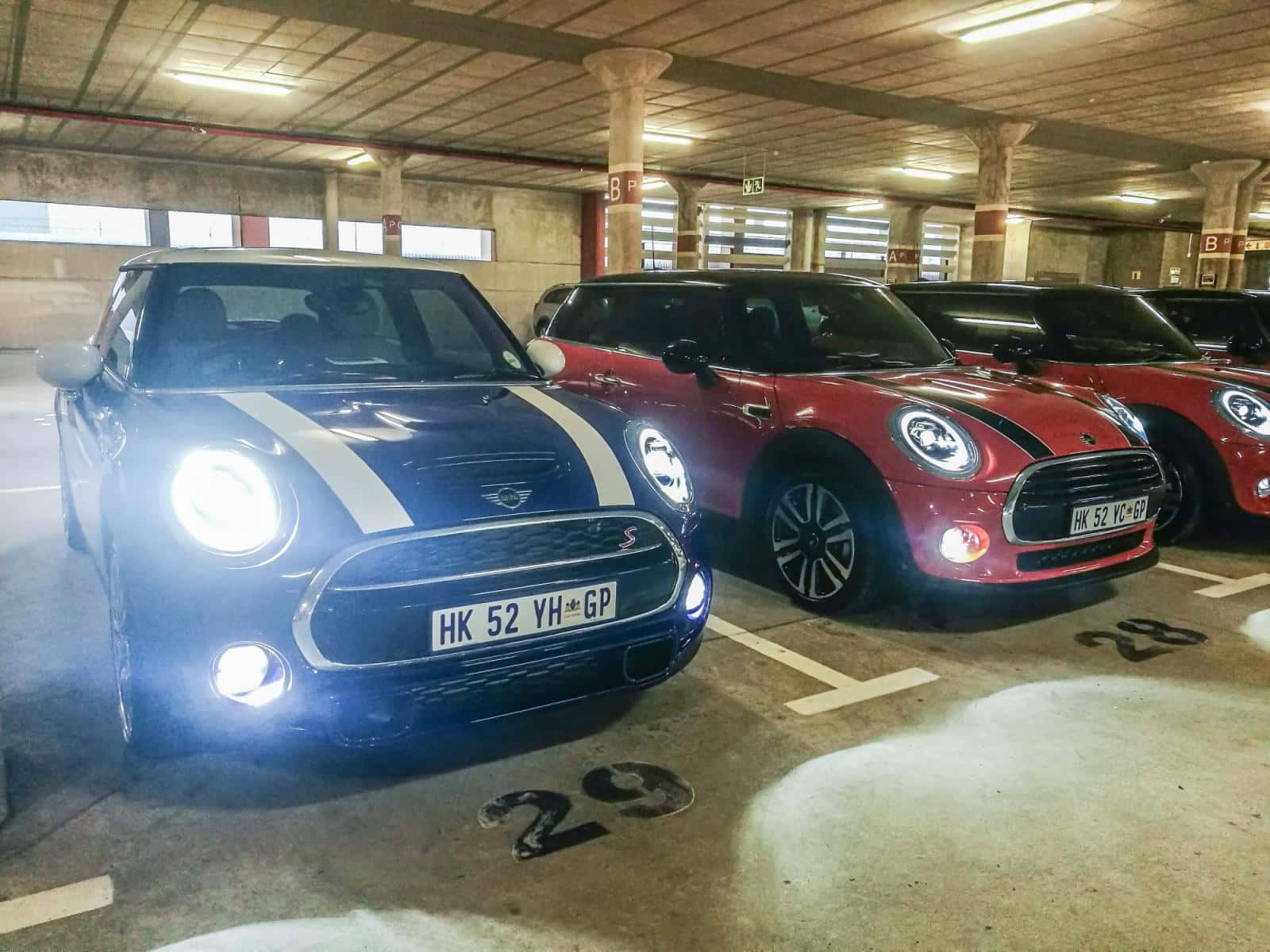 Mini Cooper S, glowing headlights, concrete underground garage, HD Desktop Wallpaper