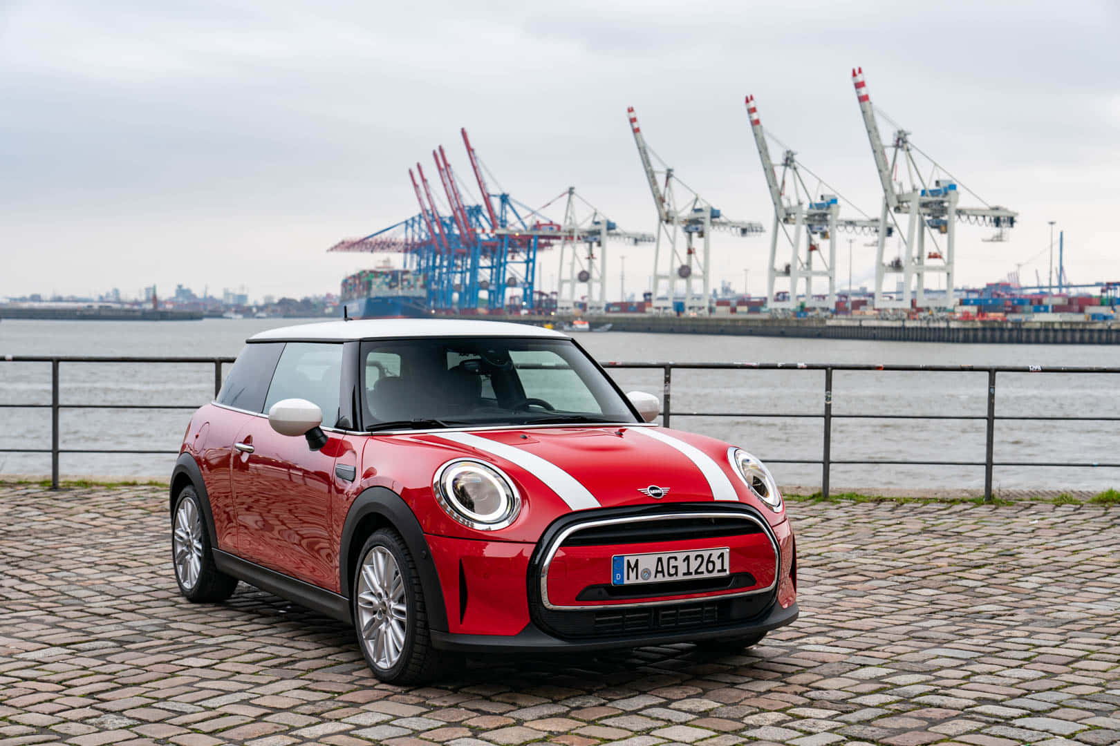 Mini Cooper S, vibrant red, white racing stripes, HD Desktop Wallpaper