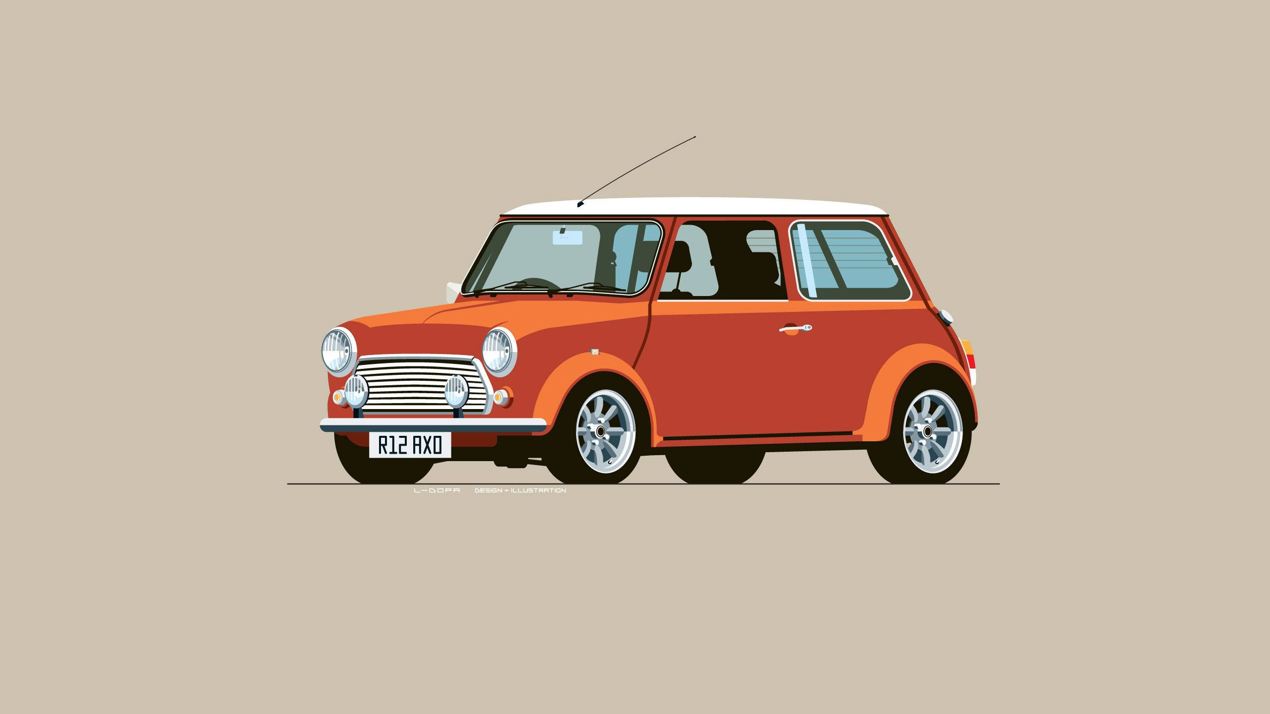 Mini Cooper, vintage orange and white, flat vector style, 2K Desktop Wallpaper