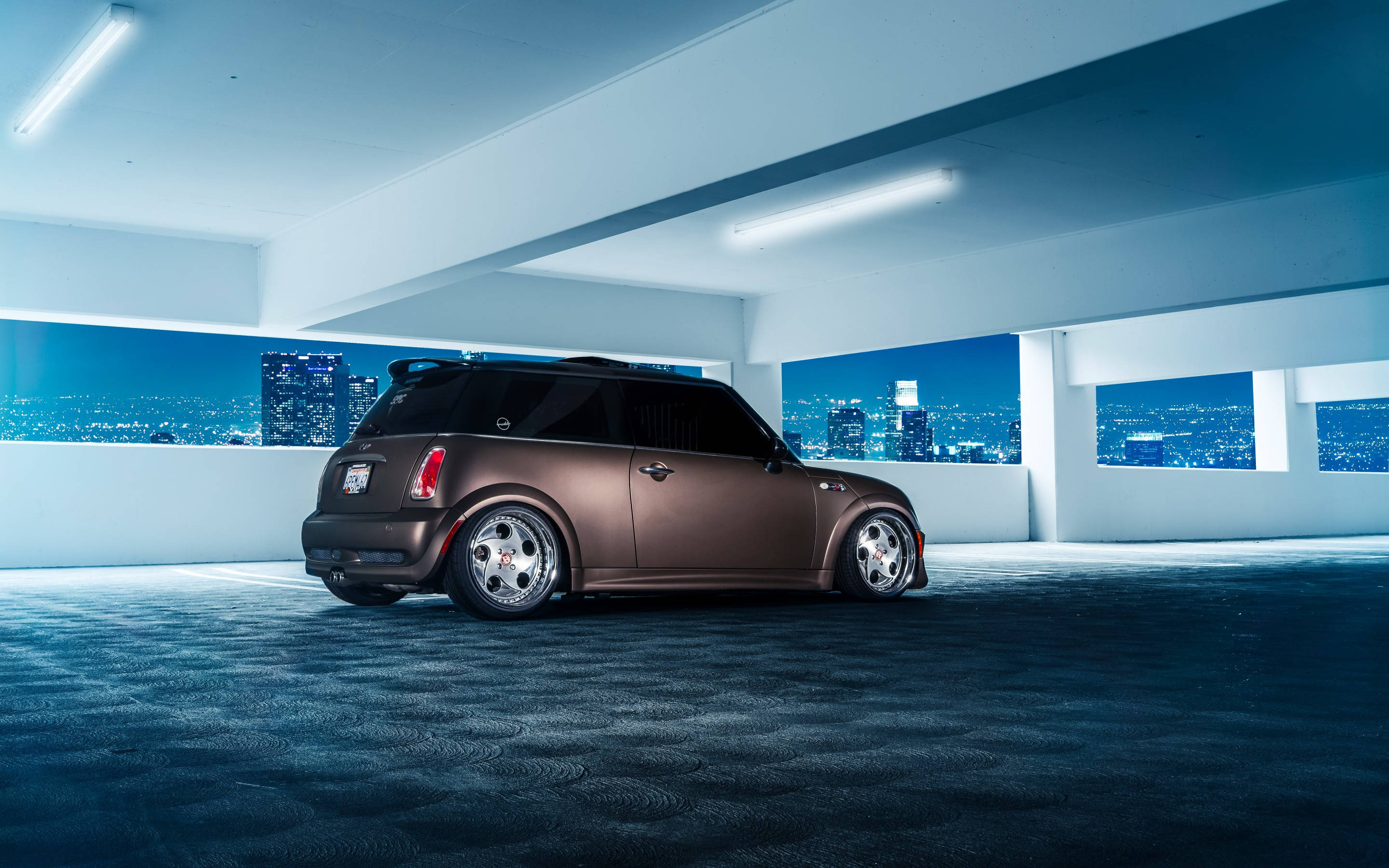 Mini Cooper, elevated parking space, rooftop garage, 2K Desktop Wallpaper