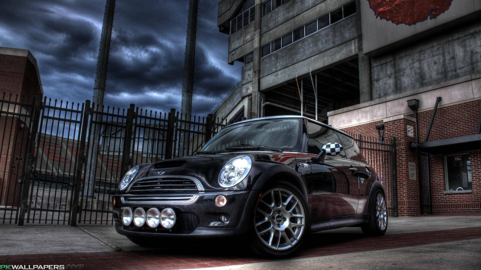 Mini Cooper, Onyx shade, checkered flag decal, Full HD Desktop Wallpaper