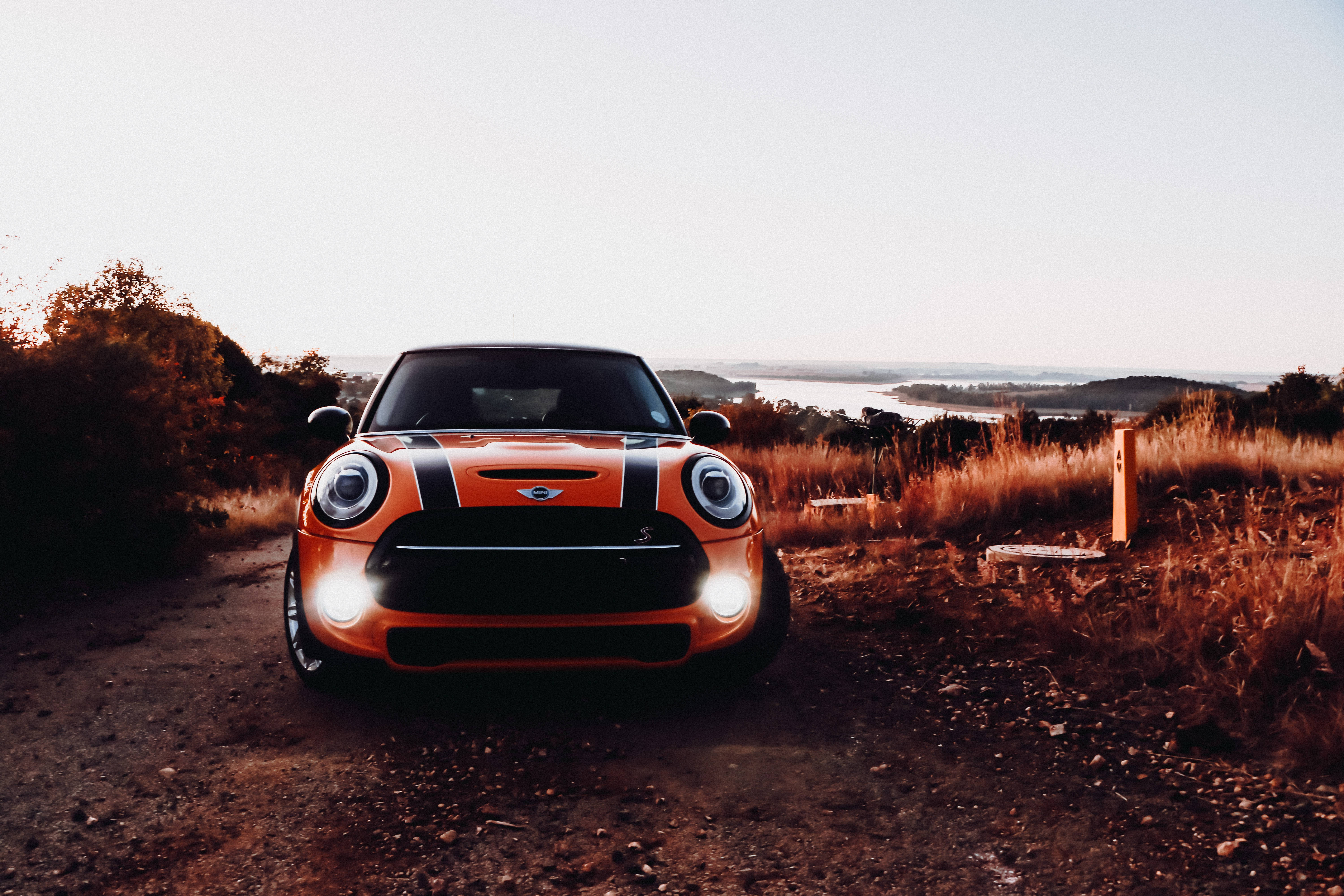 MINI Cooper, orange shade, black racing stripes, 5K Desktop Wallpaper