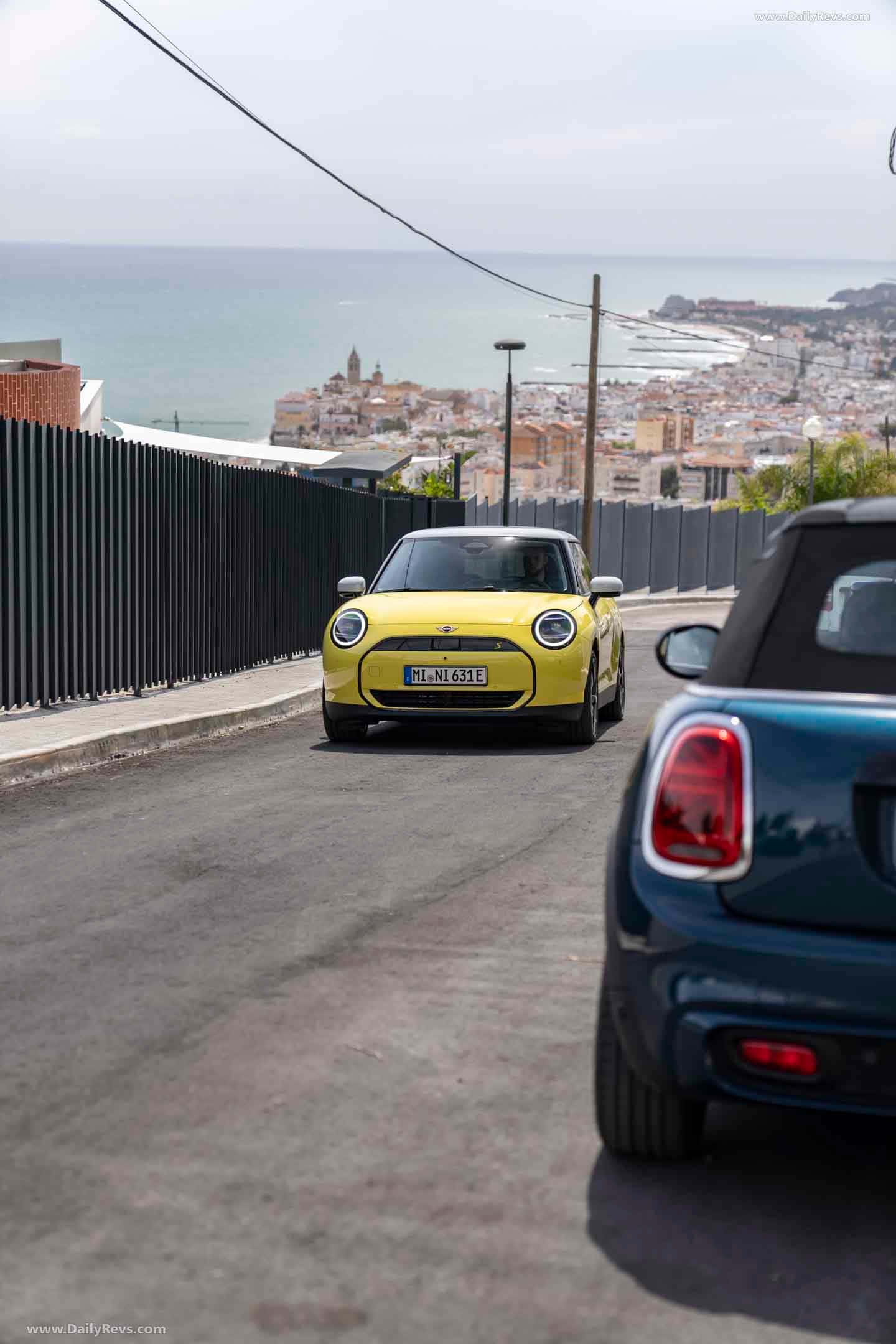 Yellow Mini Cooper S E, coastal road, coastal town, Full HD Phone Wallpaper