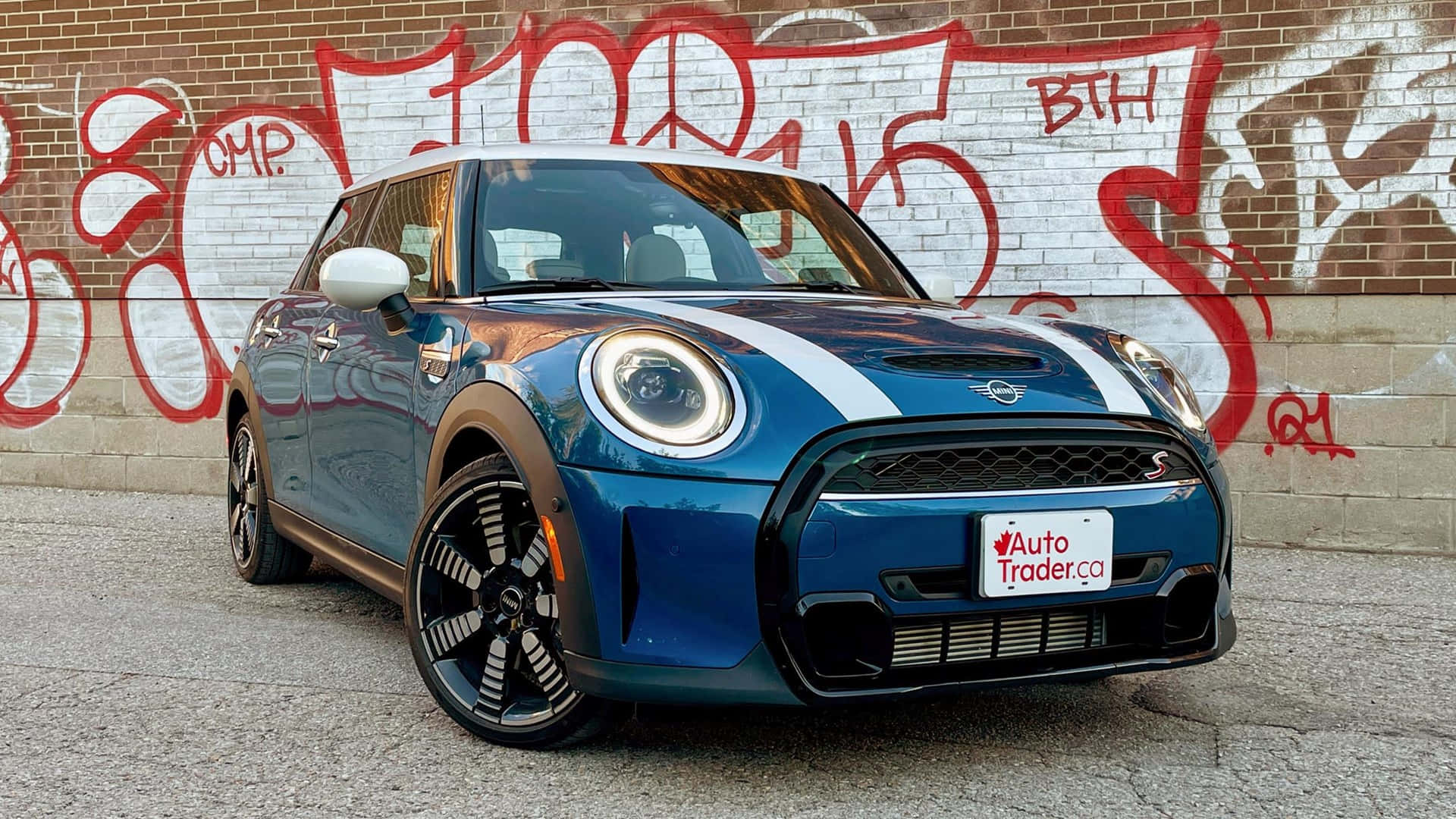 Mini Cooper S, vibrant blue, white racing stripes, Full HD Desktop Wallpaper