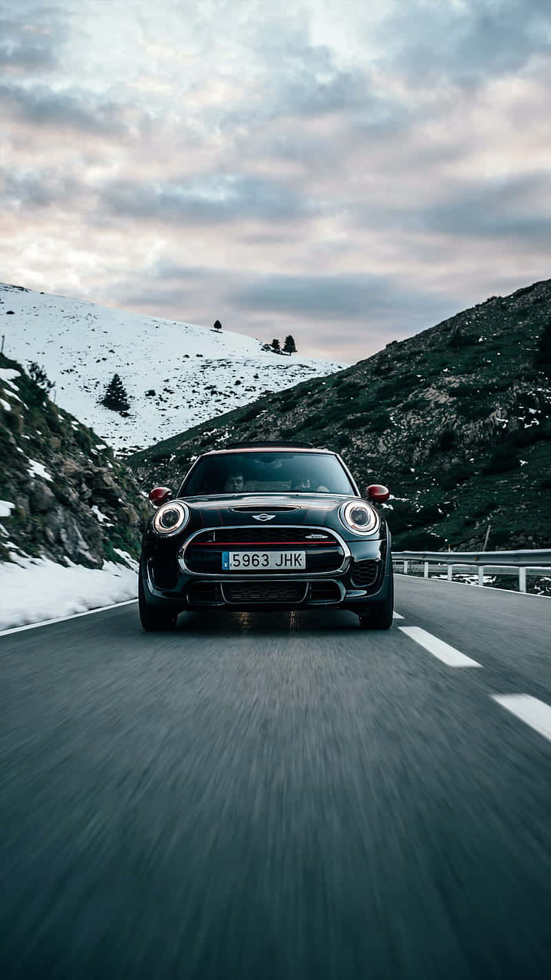Mini Cooper S, mountain road, snow-dusted hills, HD Phone Wallpaper