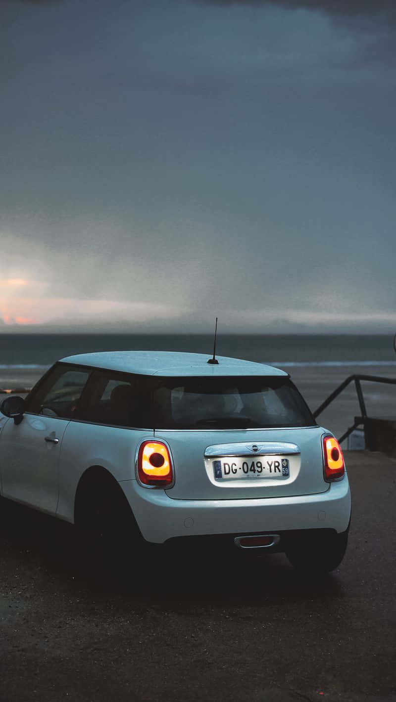Mini Cooper S E, dusk, wet pier, HD Phone Wallpaper