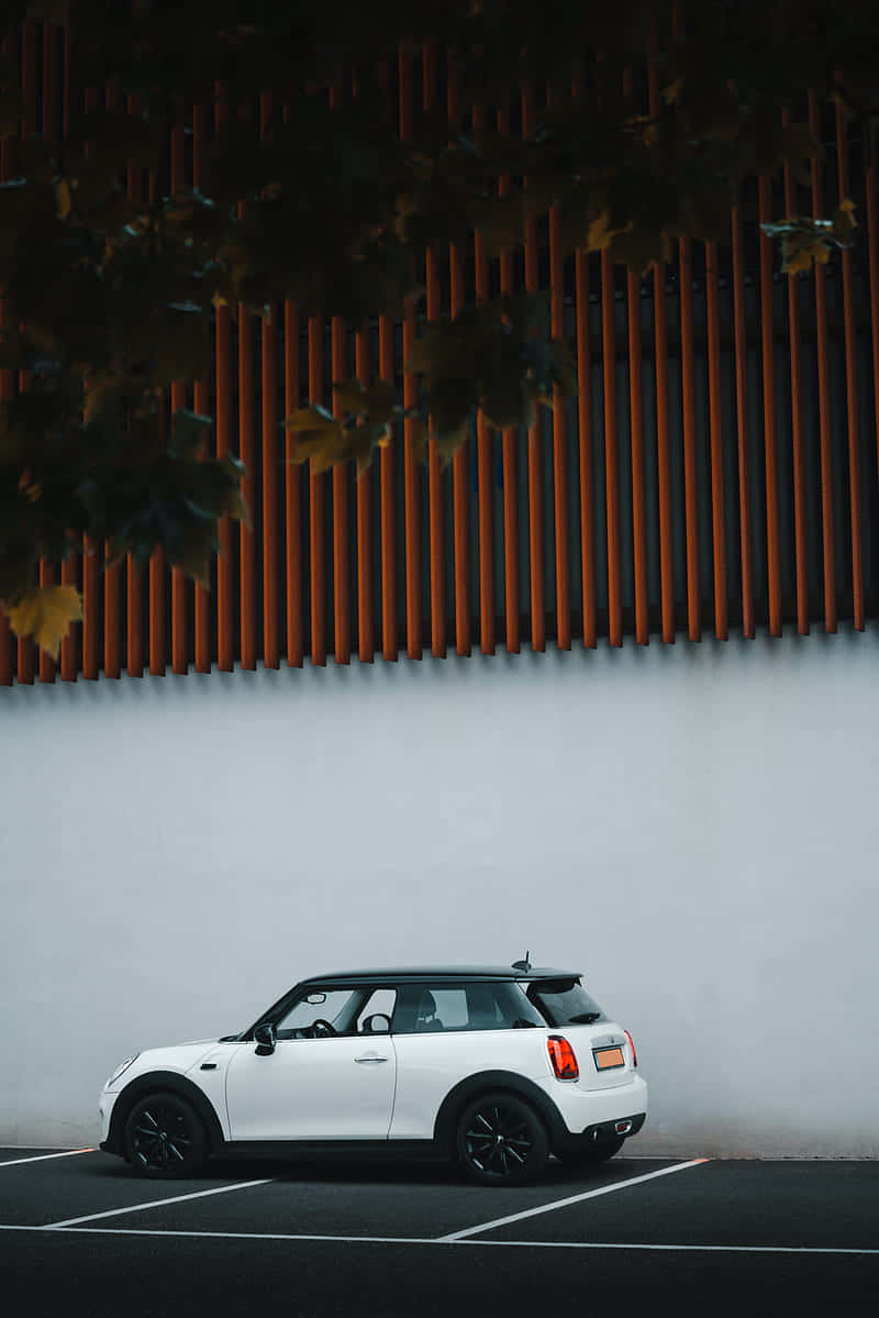 White Mini Cooper, modern wall, orange slatted fence, SD Phone Wallpaper