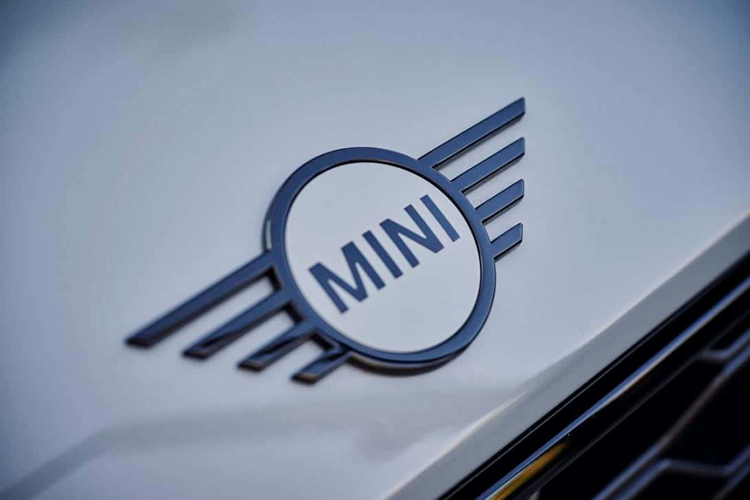 MINI logo emblem, sleek blue, white car hood, SD Desktop Wallpaper