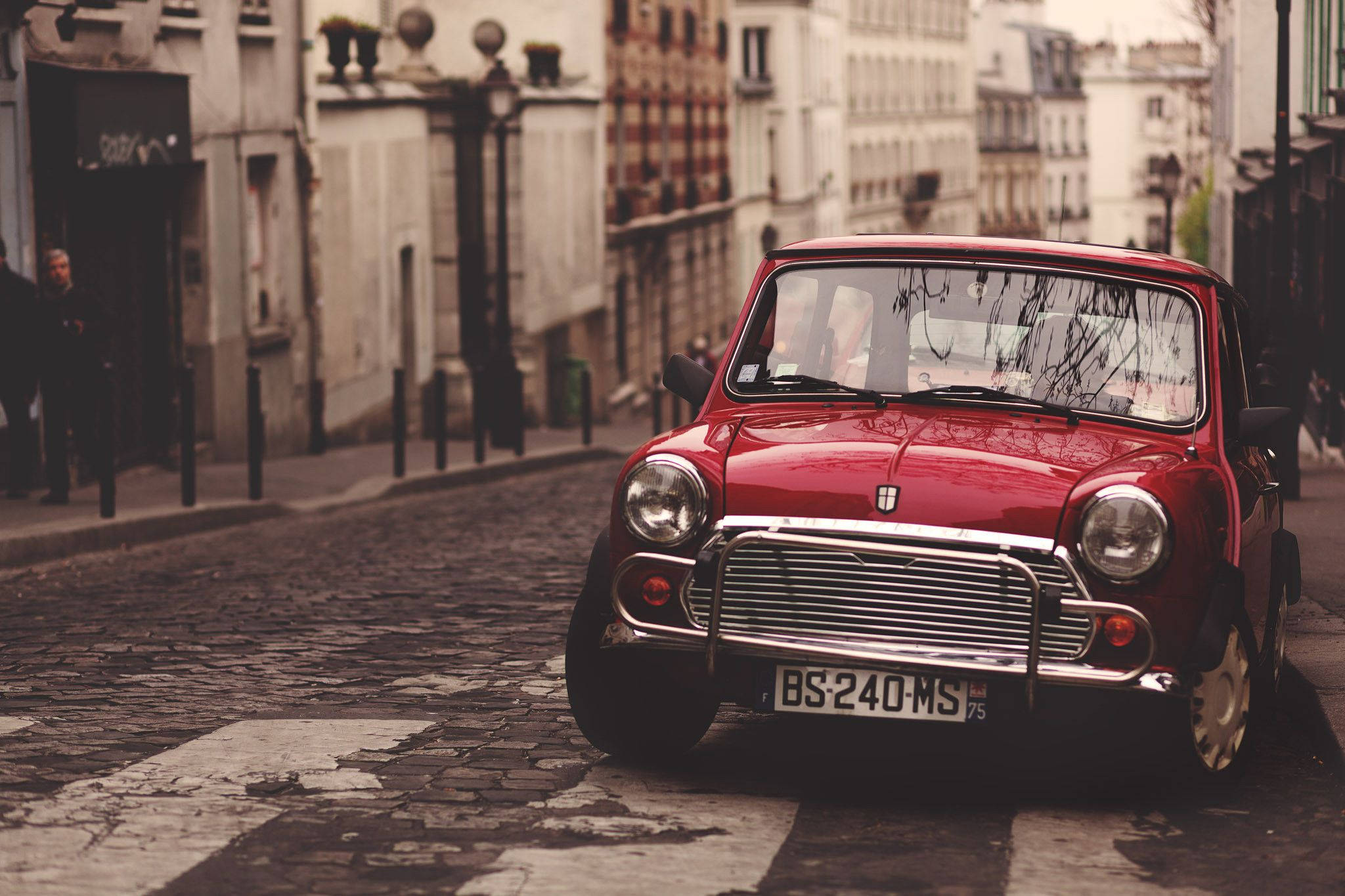 vintage red Mini Cooper, cobblestone street, European city, Full HD Desktop Wallpaper