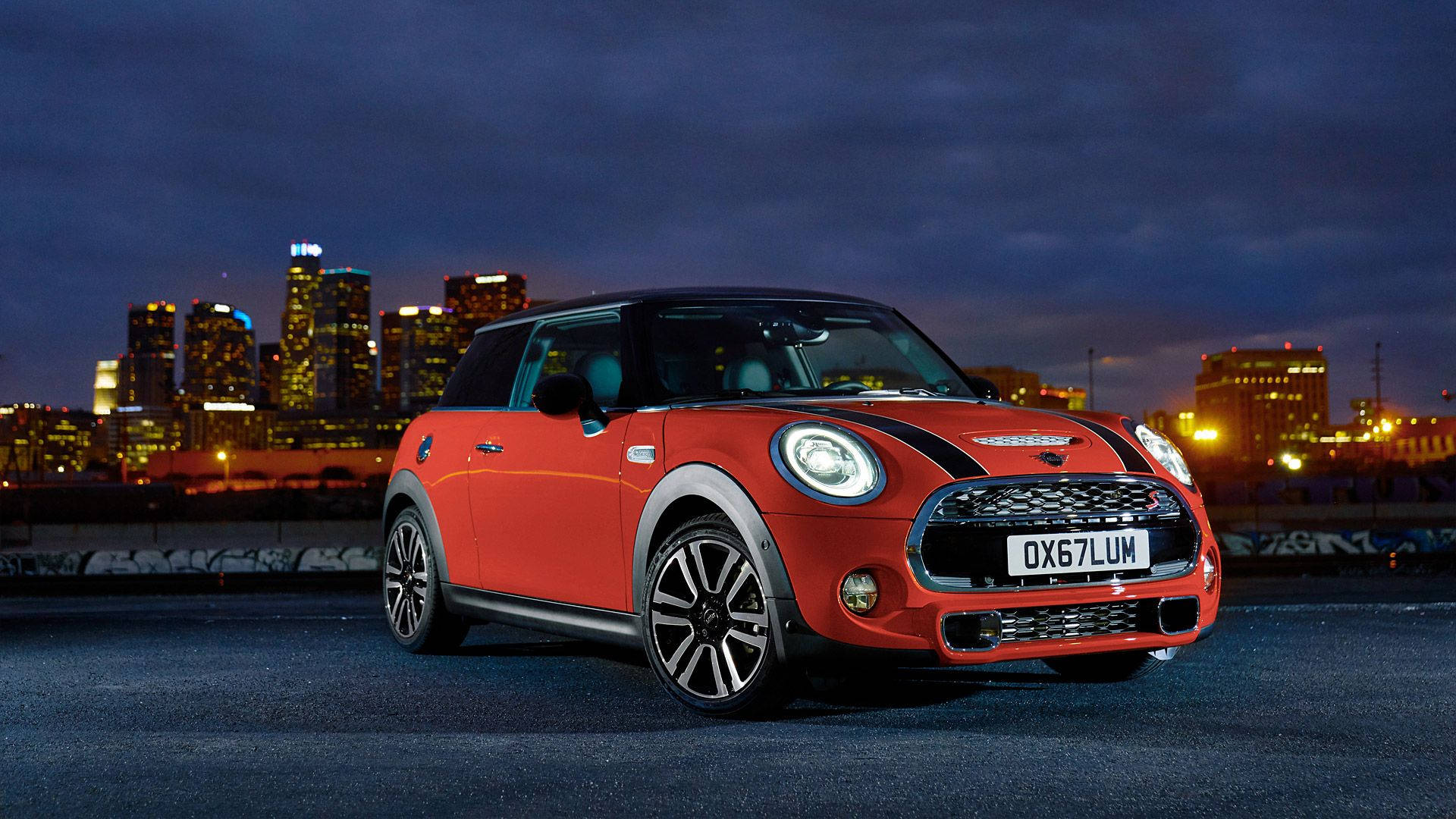 Mini Cooper, red, city rooftop, Full HD Desktop Wallpaper