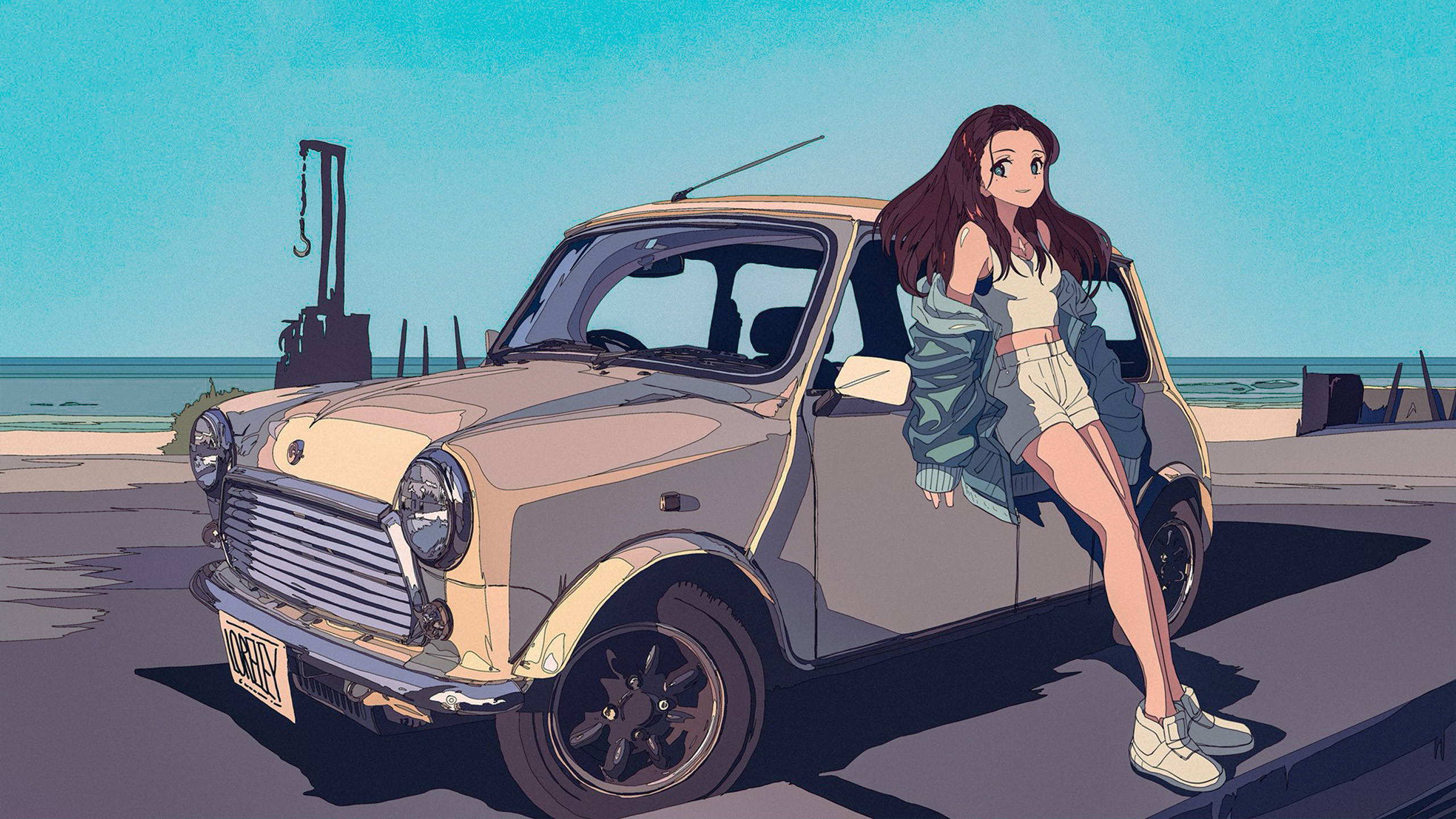 vintage Mini Cooper, young woman, sunlit coastal road, 2K Desktop Wallpaper