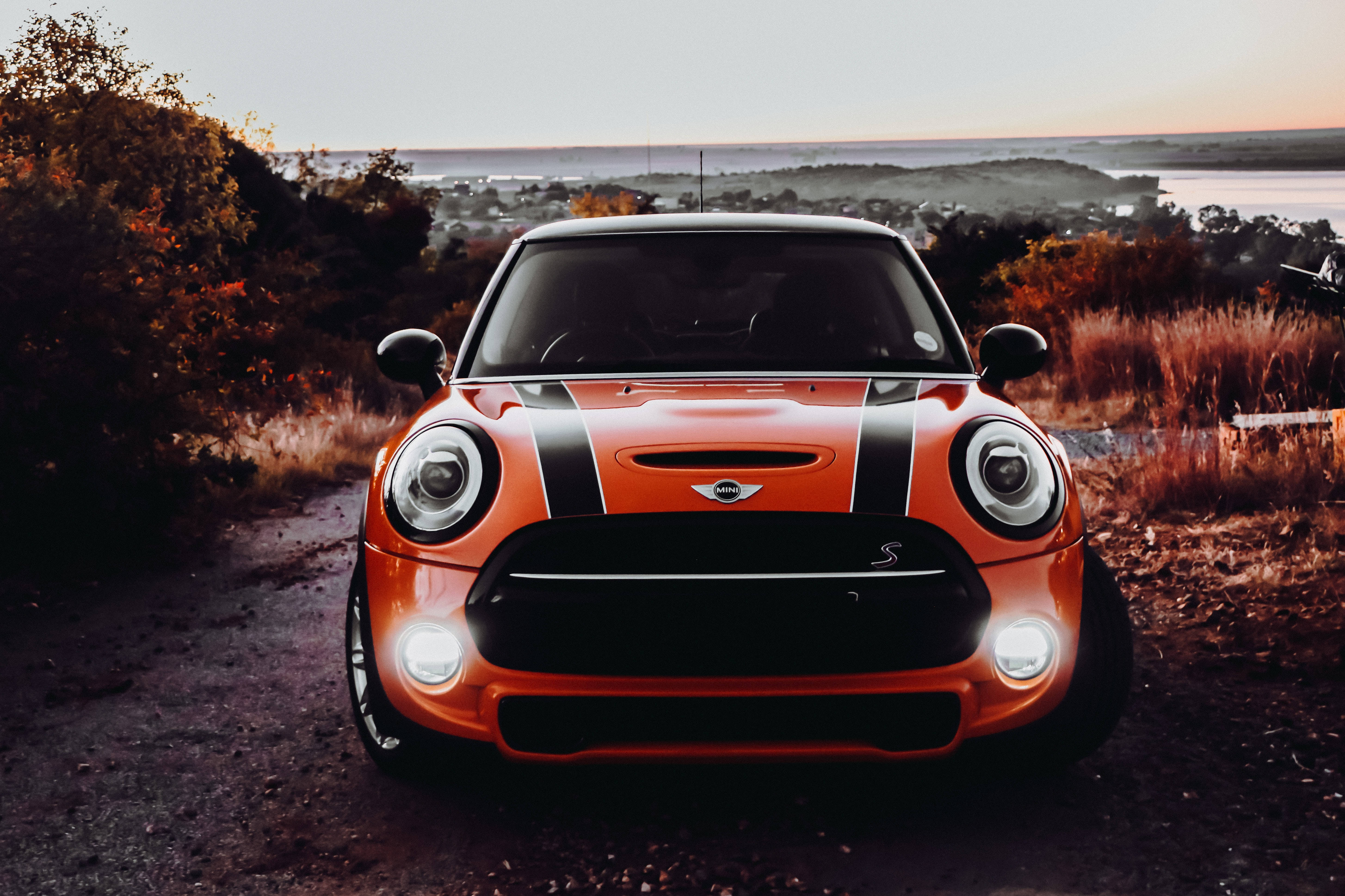 Mini Cooper S, burnt orange, black racing stripes, 5K Desktop Wallpaper