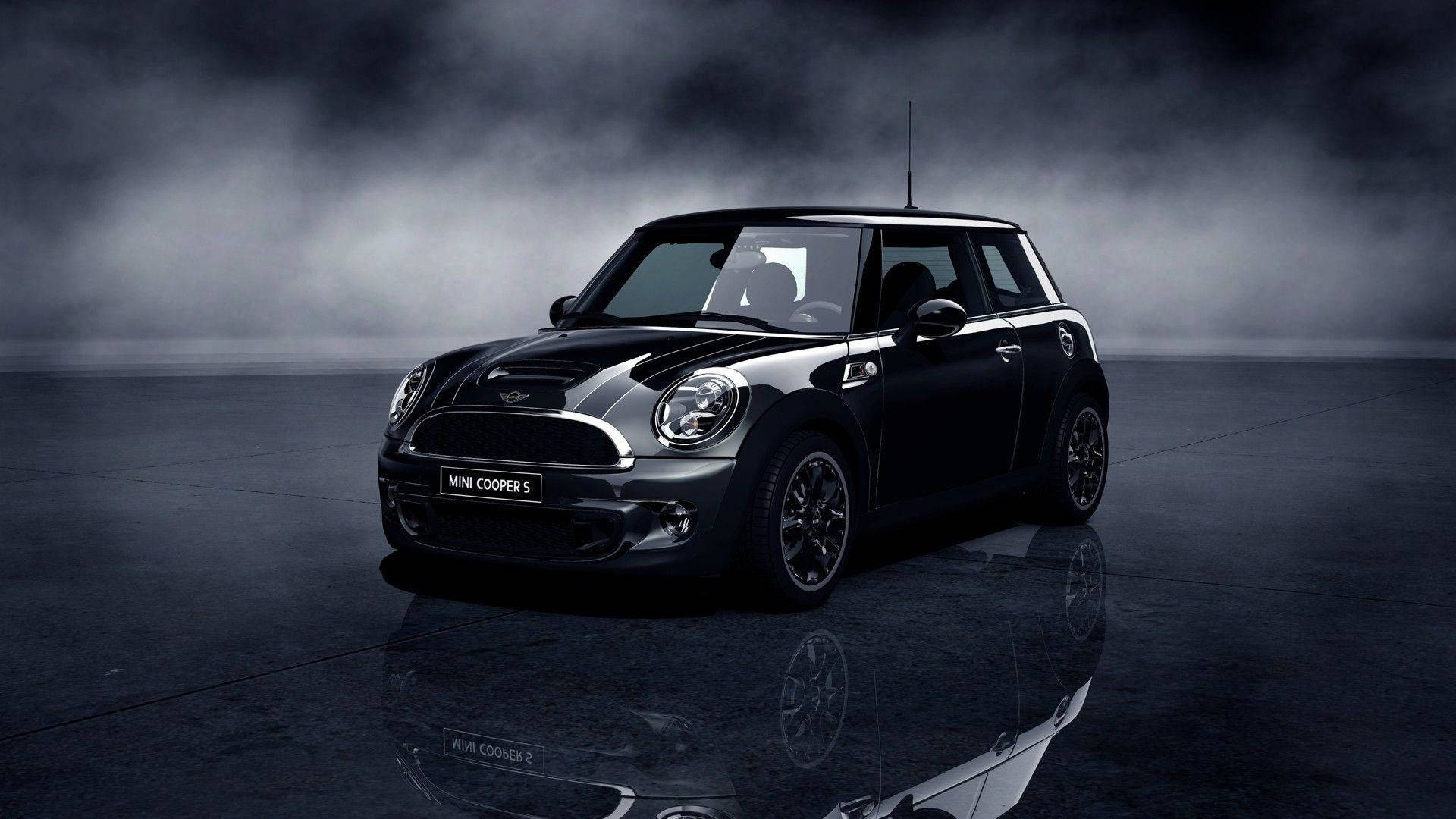 Mini Cooper S, black, reflective wet surface, Full HD Desktop Wallpaper