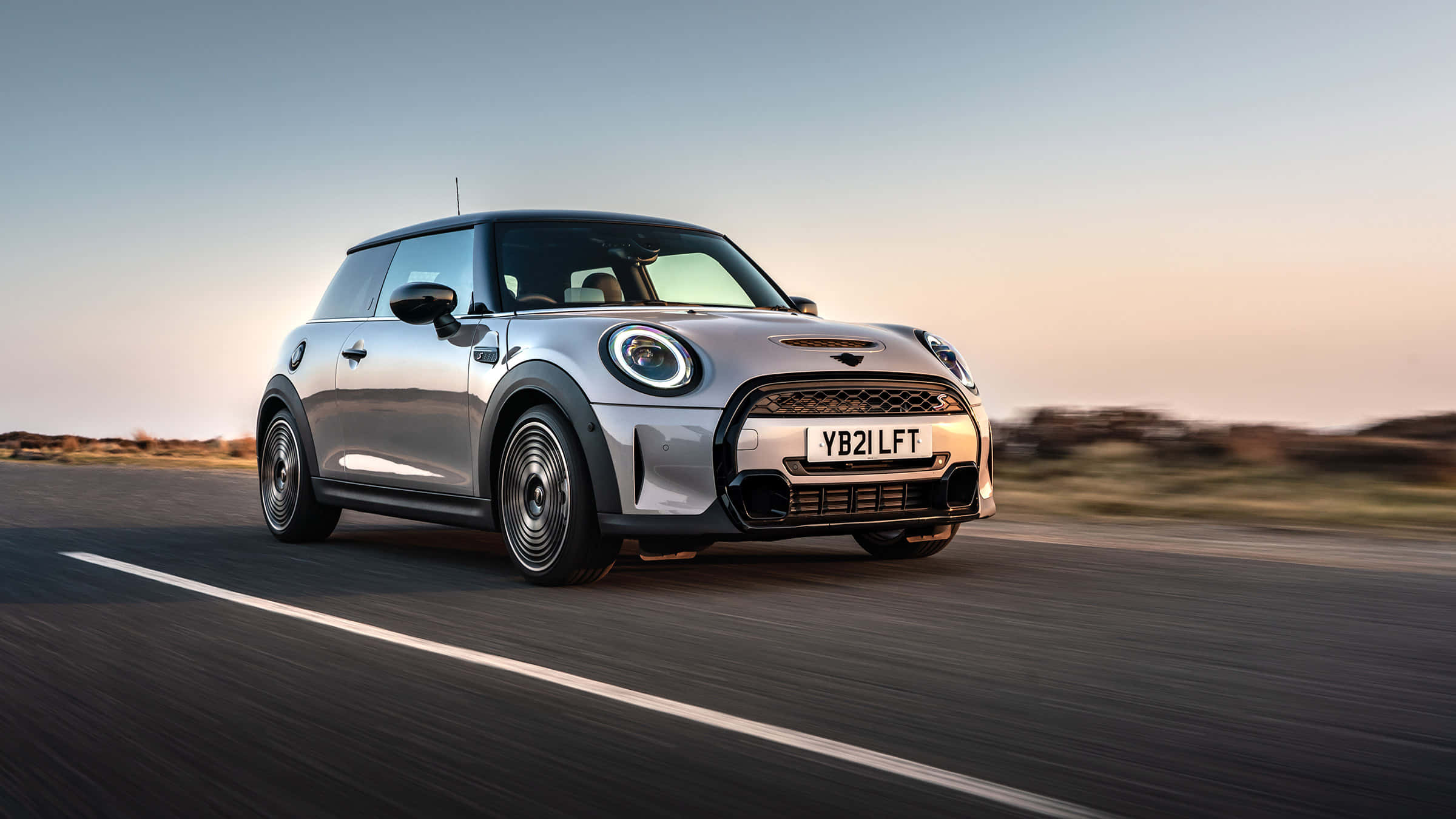 Mini Cooper S, desert road, sunset, Full HD Desktop Wallpaper