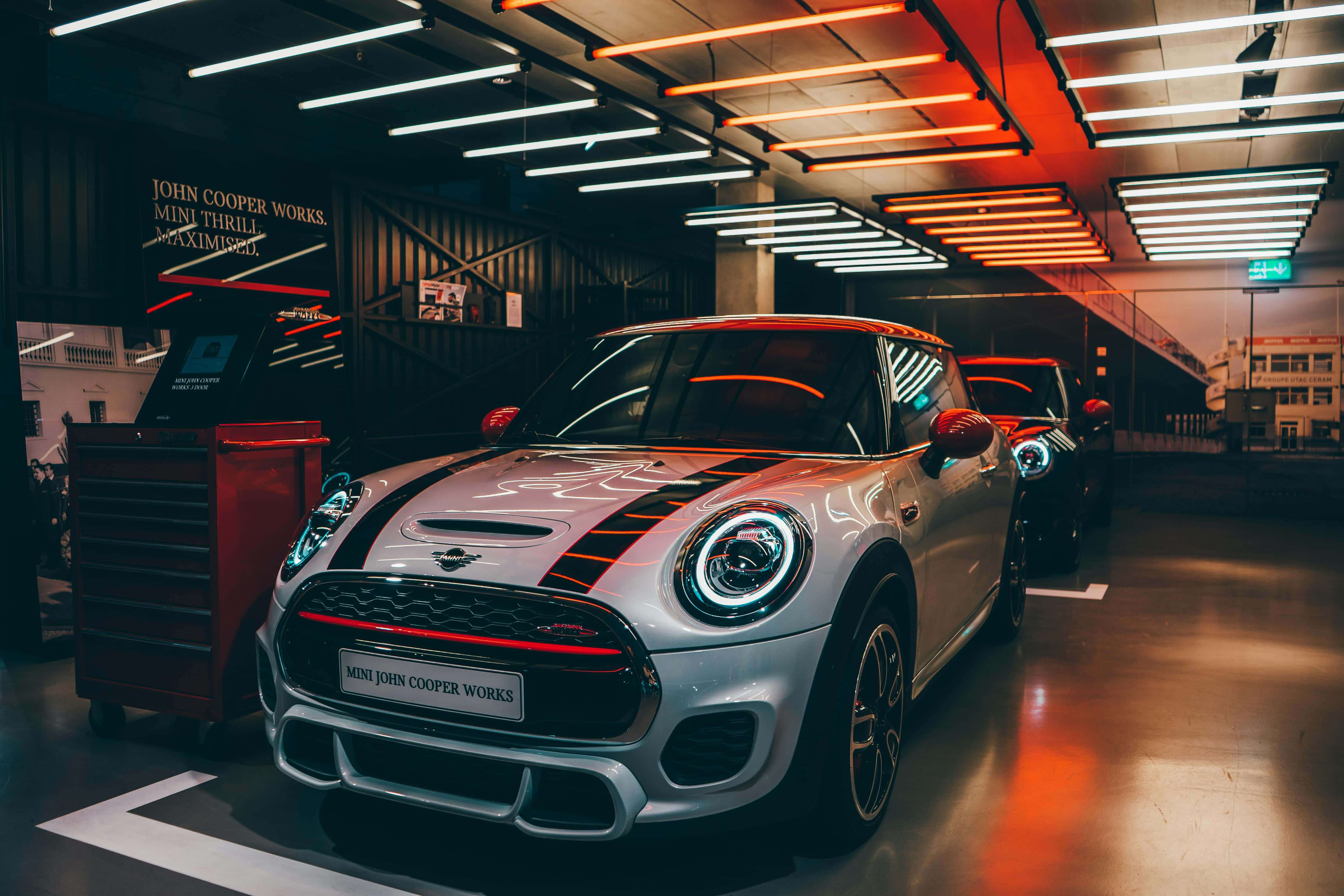 Mini John Cooper Works, silver, black racing stripes, 4K Desktop Wallpaper