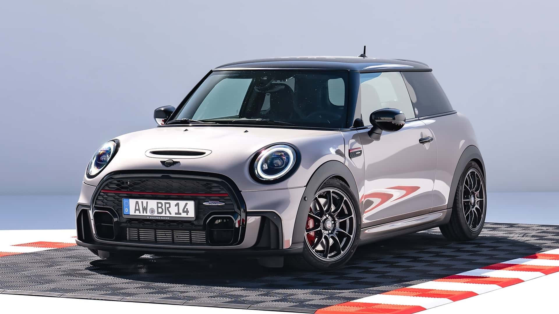 Mini John Cooper Works, red racing stripes, checkered track surface, Full HD Desktop Wallpaper