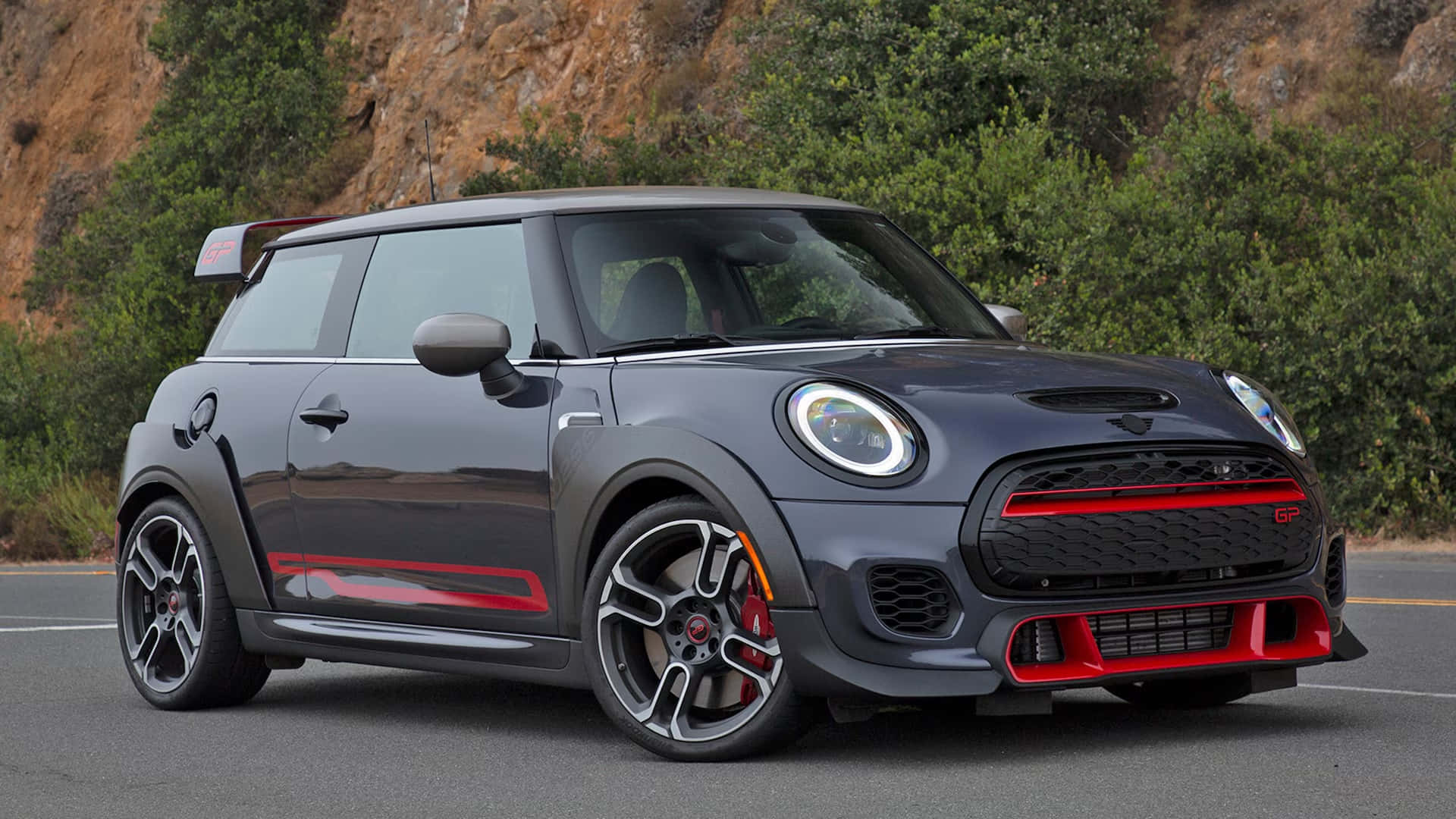 Mini John Cooper Works, dark gray, bold red accents, Full HD Desktop Wallpaper