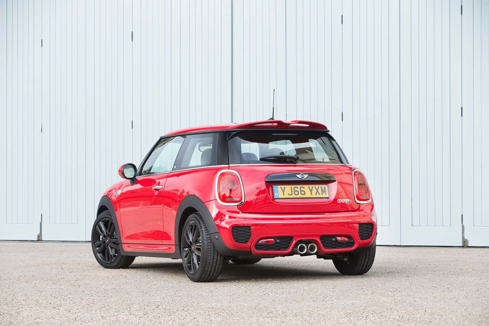 Mini Cooper S, vibrant red, white industrial door, HD Desktop Wallpaper